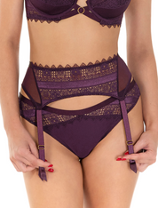 Lauma, Burgundy Lace And Tulle Suspender Belt, On Model Front, 09L05