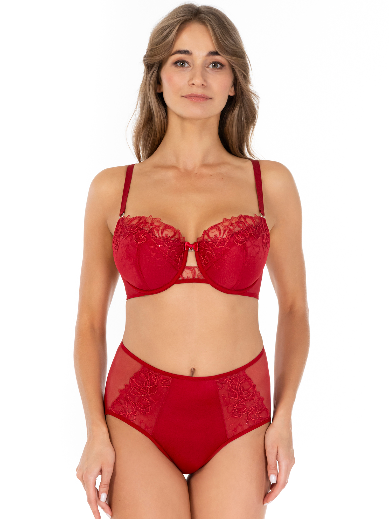 Lauma, Red Embroidered Lace Half-padded Bra, On Model Front, 11L40