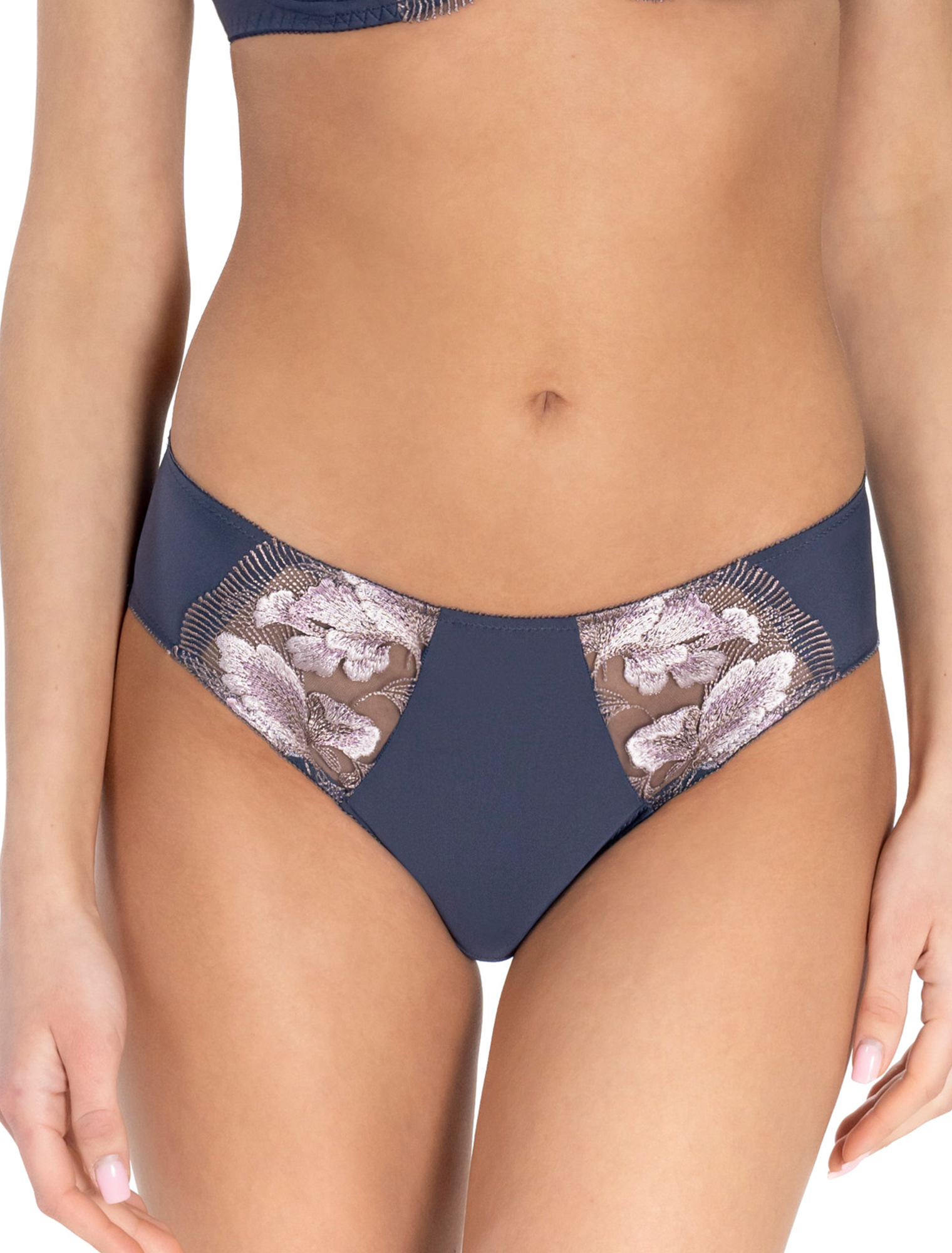 Lauma Lingerie, Dark Blue Mid Waist Panty, With Lace, On Model Front, 15L50