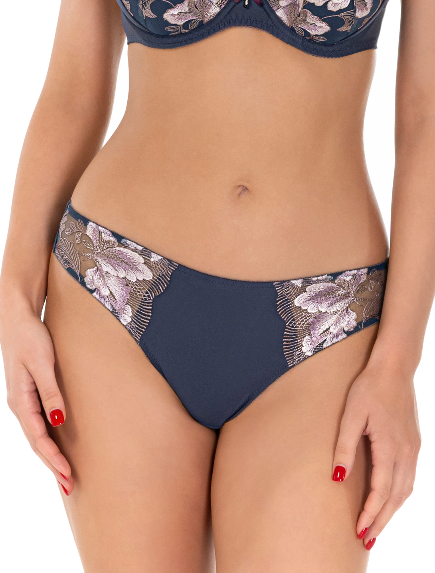 Lauma Lingerie, Dark Blue String Panty, With Lace, On Model Front, 15L60