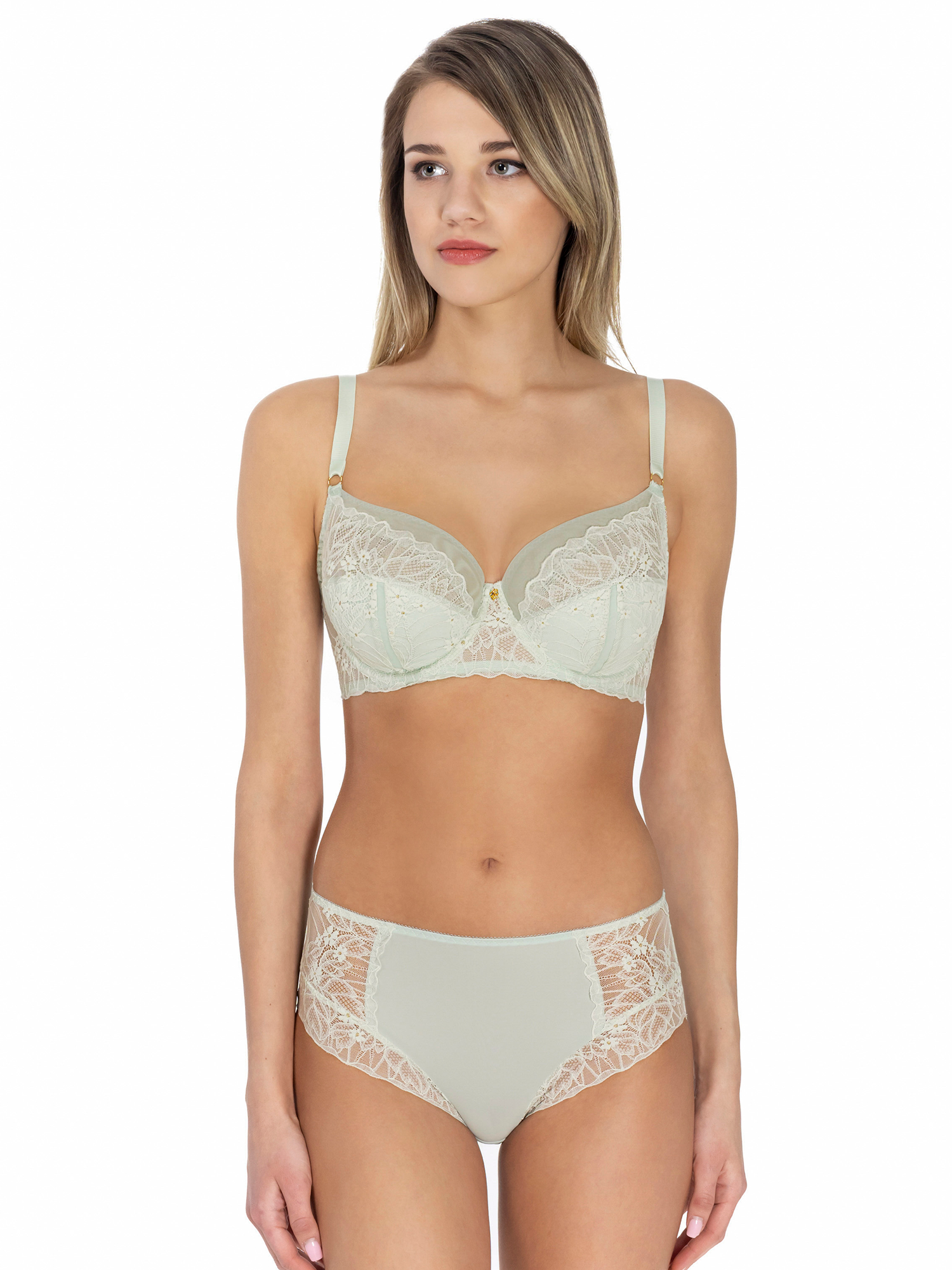 Lauma, Light Green Lingerie Set With Lace Trim, On Model Front, 20L20, 20L51