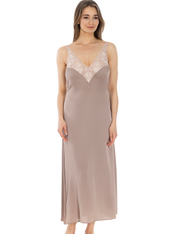 Lauma, Dark Beige Long Satin Night Dress, On Model Front, 62K91