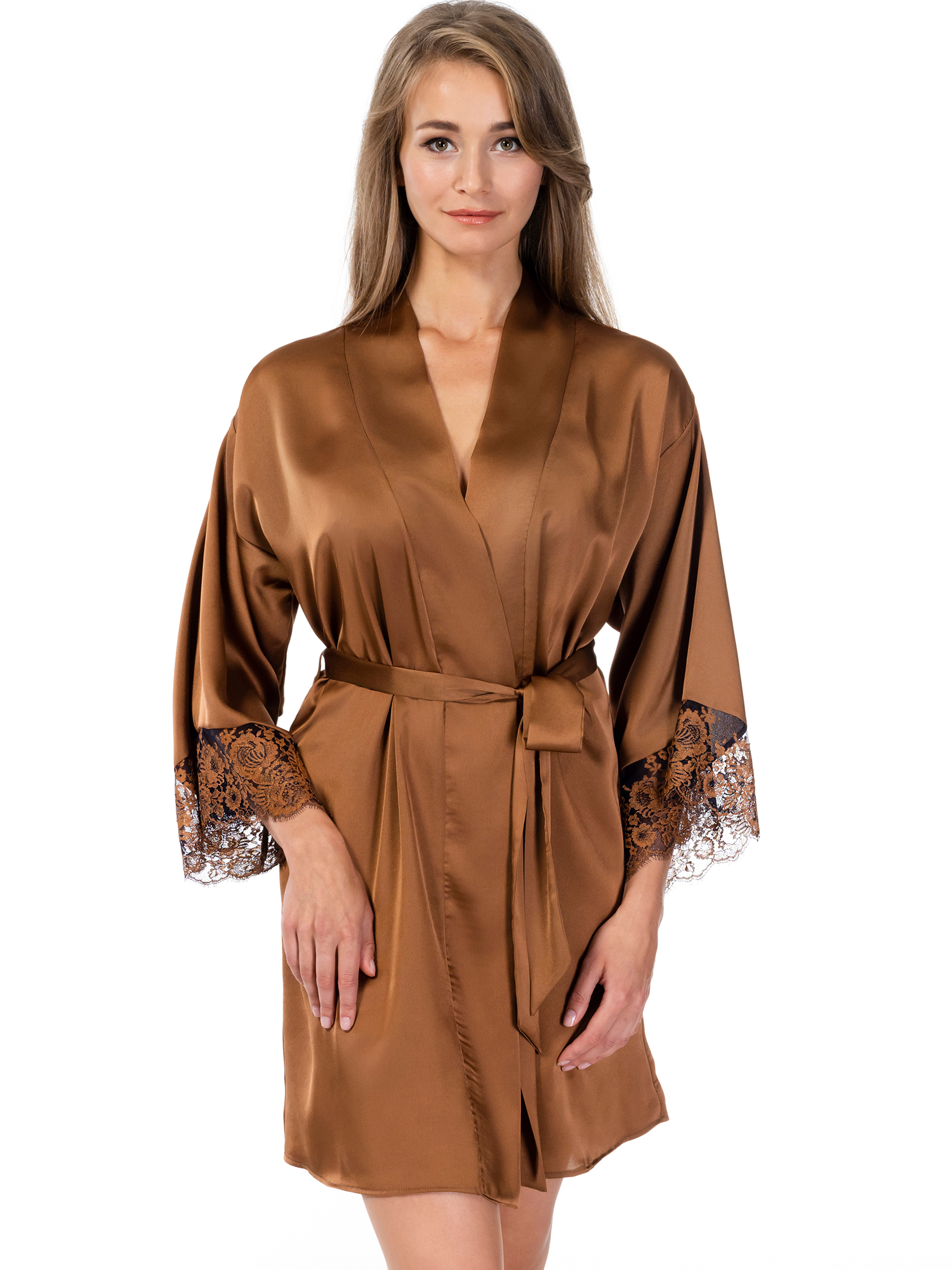 Blue Amber Luxury Satin Dressing Gown With Lace Trim – Lauma Lingerie