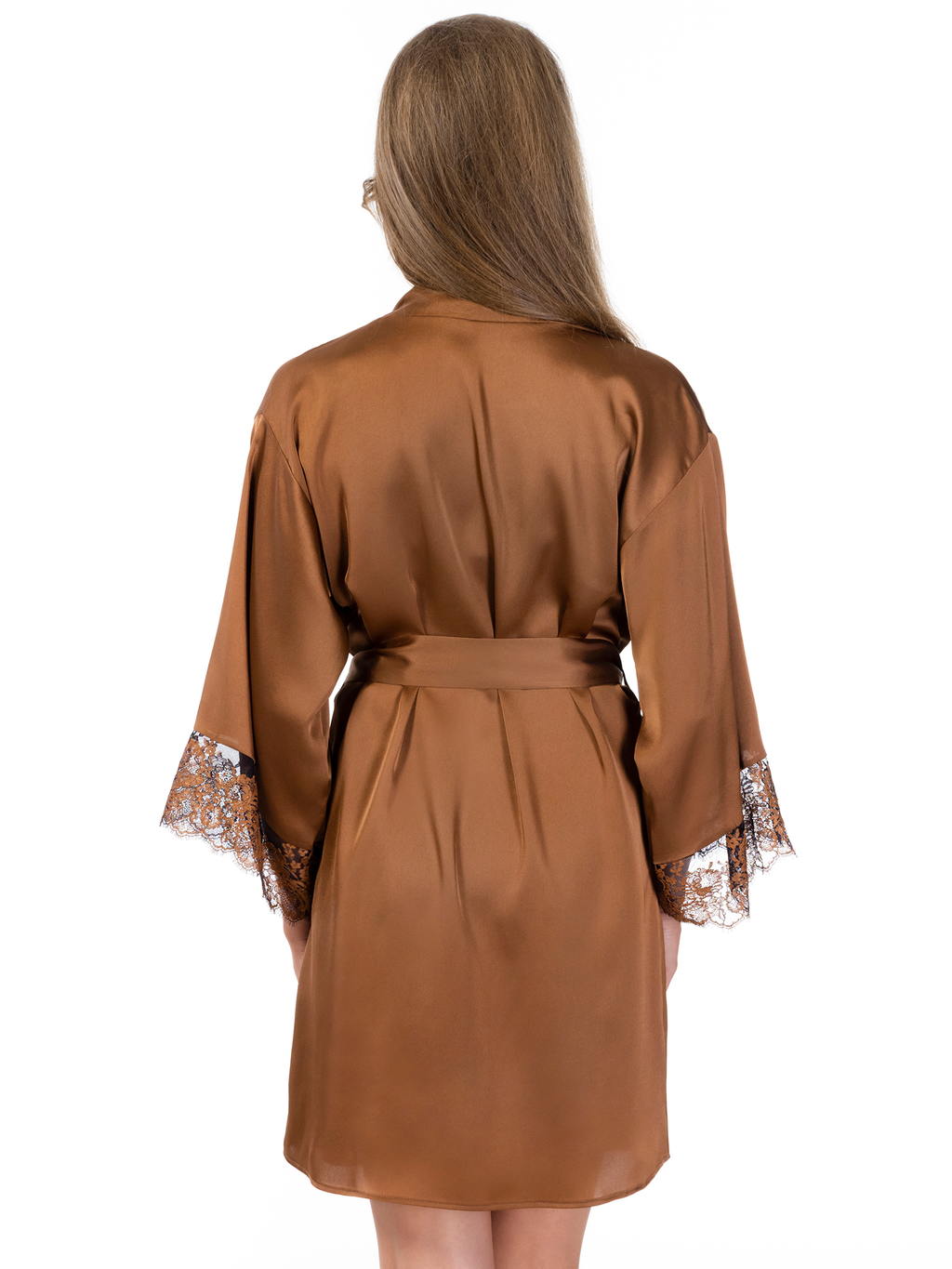 Lauma, Bronze Color Short Satin Dressing Gown, On Model Back, 70K98