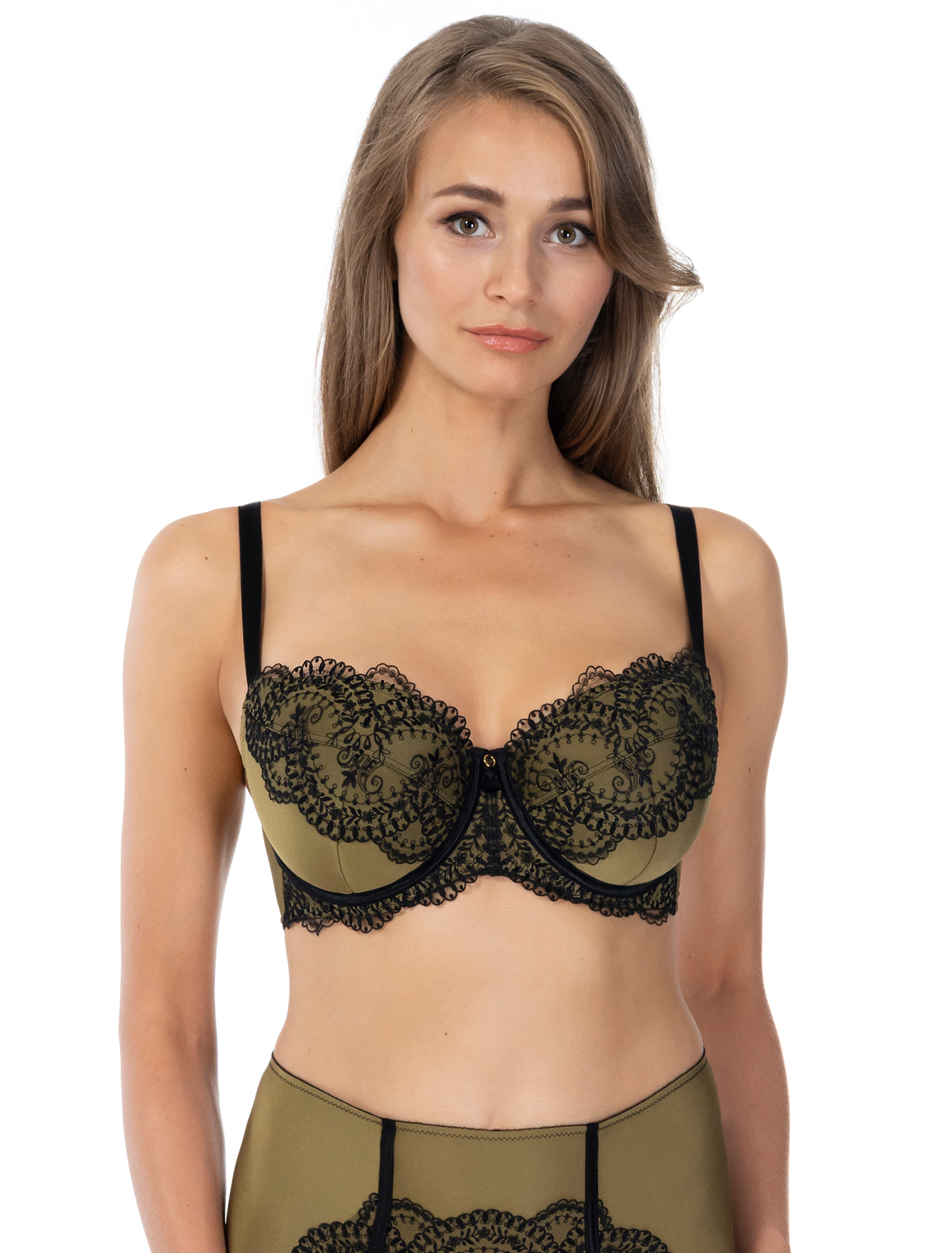 Lauma, Olive Green Half-padded Bra With Black Embroidery, On Model Front, 71K40