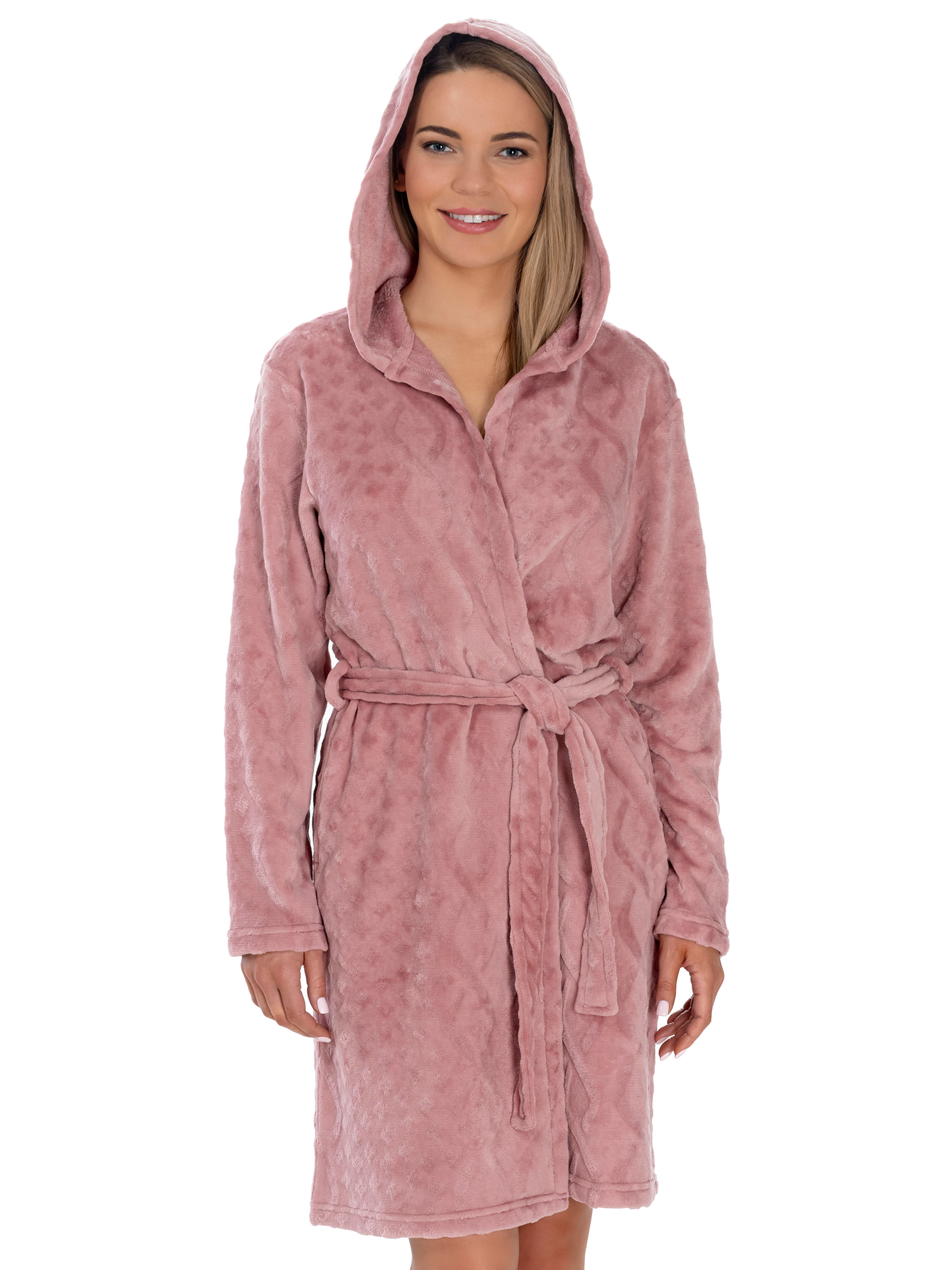 Lauma, Pink Hooded Fleece Robe, On Model Front, 72D42