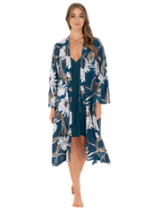 Lauma Lingerie, Green Floral Print Viscose Robe, On Model Front, 72D69