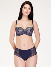 Lauma, Navy Blue Lace Balconette Bra, On Model Front, 01K30