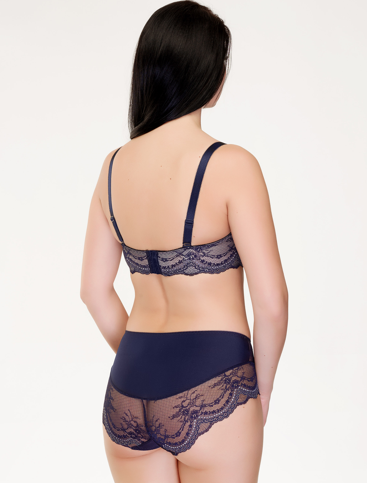 Lauma, Navy Blue Lace Balconette Bra, On Model Back, 01K30