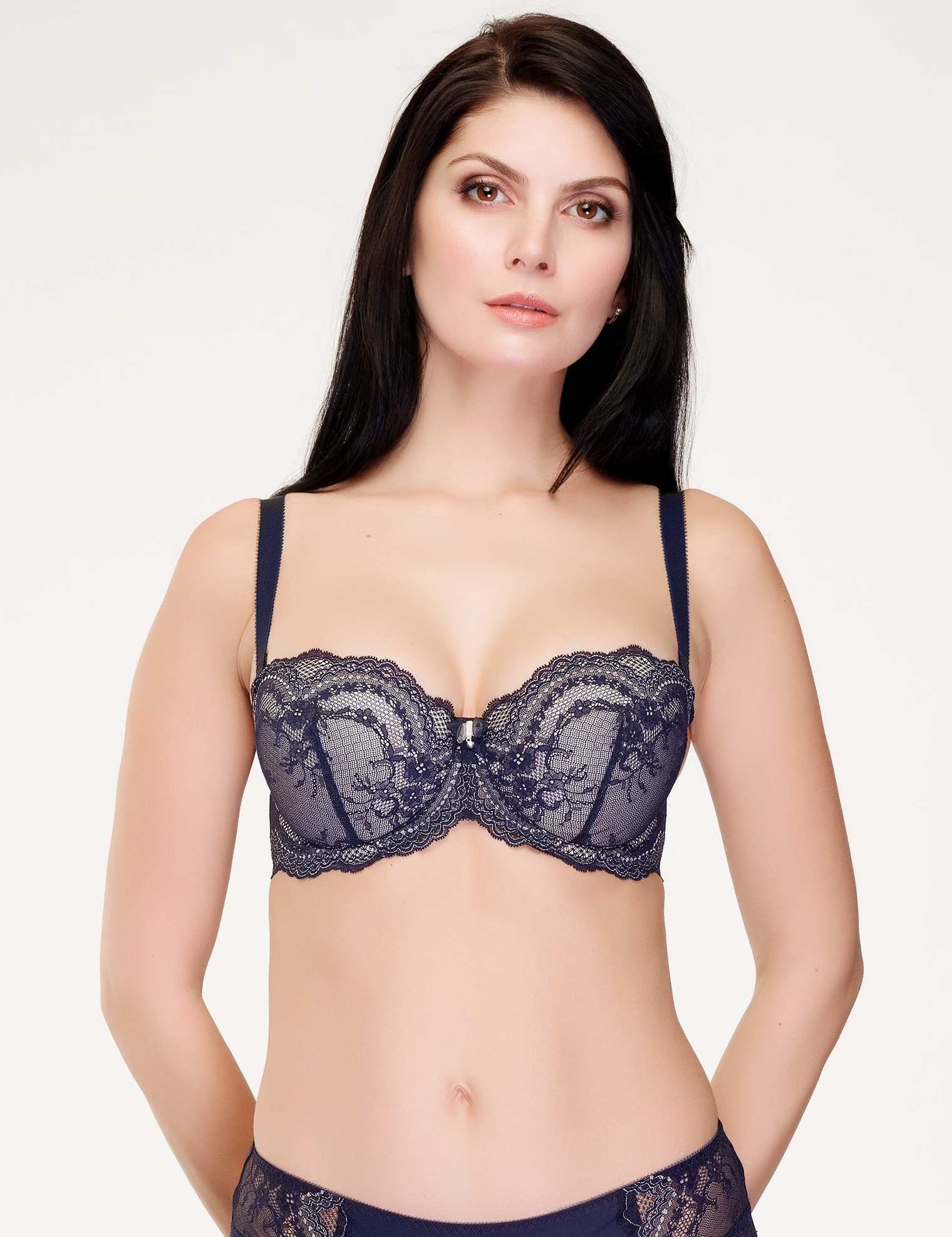 Lauma, Navy Blue Lace Balconette Bra, On Model Front, 01K30