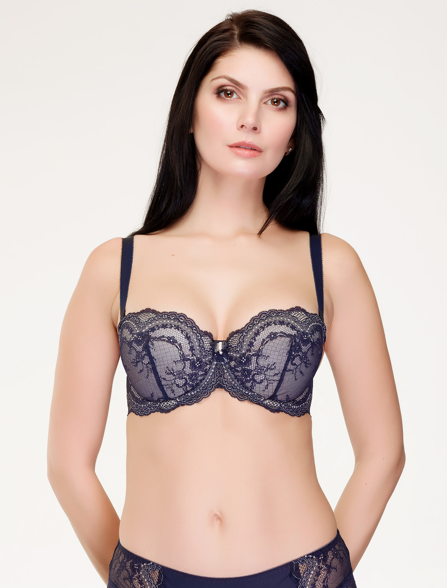 Lauma, Navy Blue Lace Balconette Bra, On Model Front, 01K30