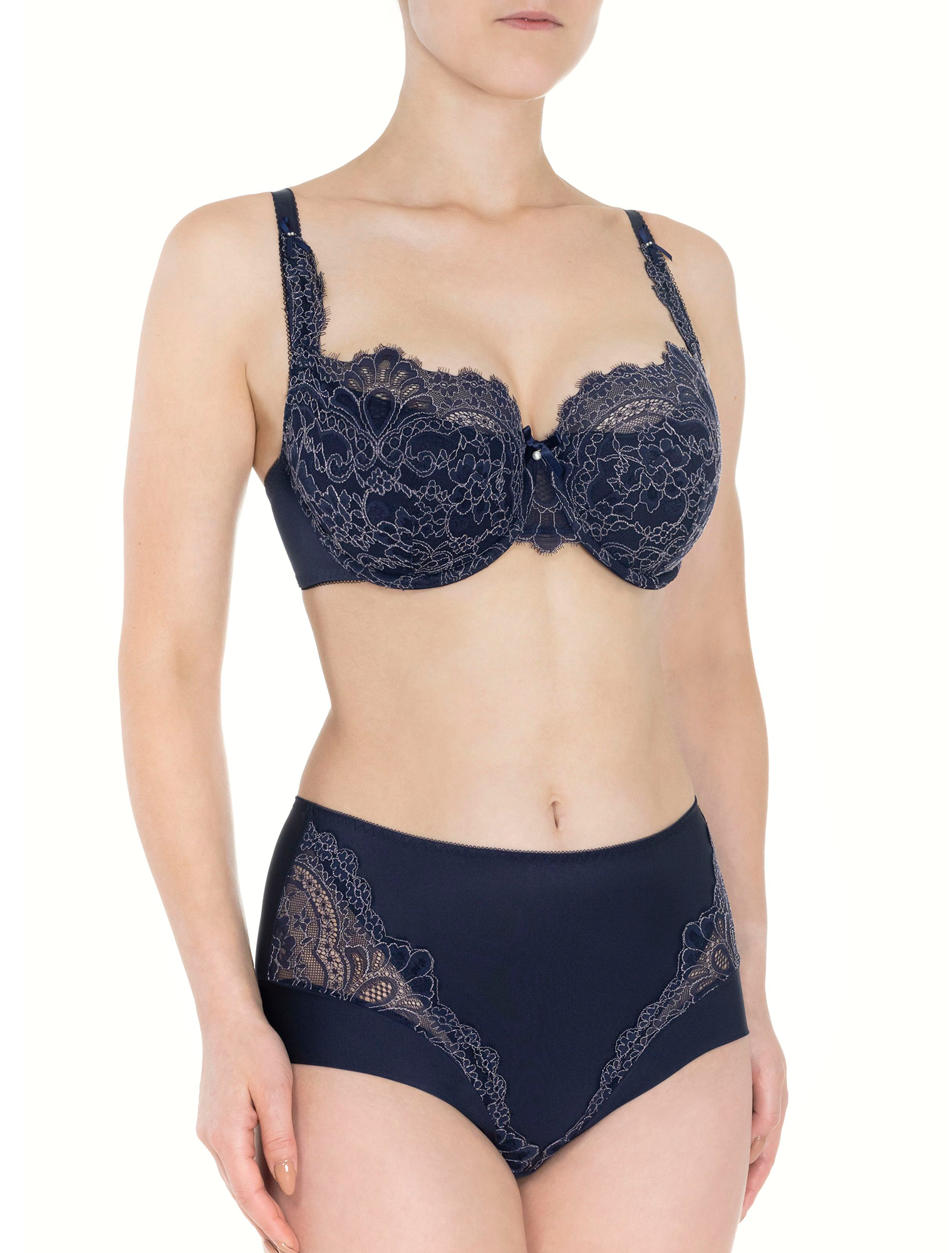 Lauma, Navy Half-padded Lace Bra, On Model Front, 04K40