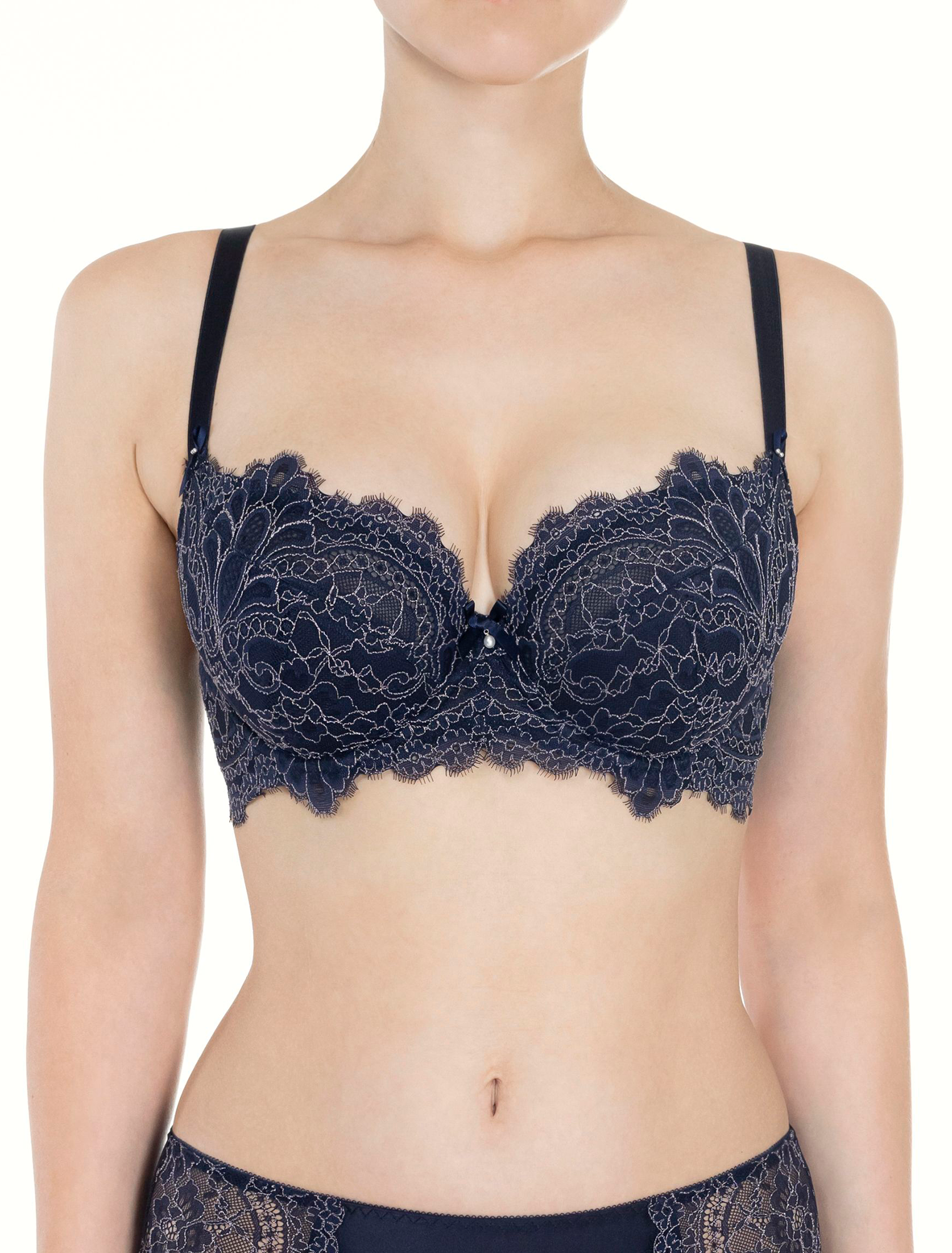 Lauma, Navy Half-padded Lace Bra, On Model Front, 04K42