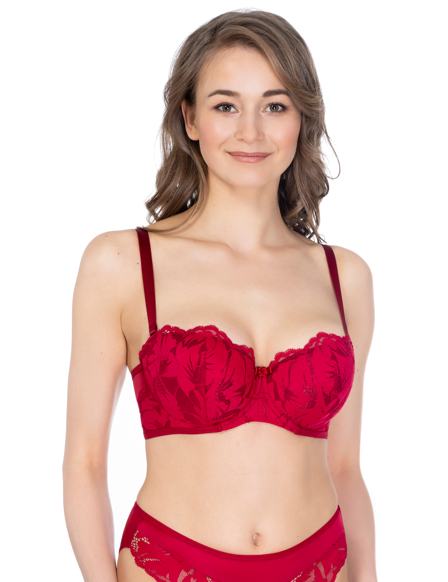 Lauma, Red Lace Balconette Bra, On Model Front, 24K30