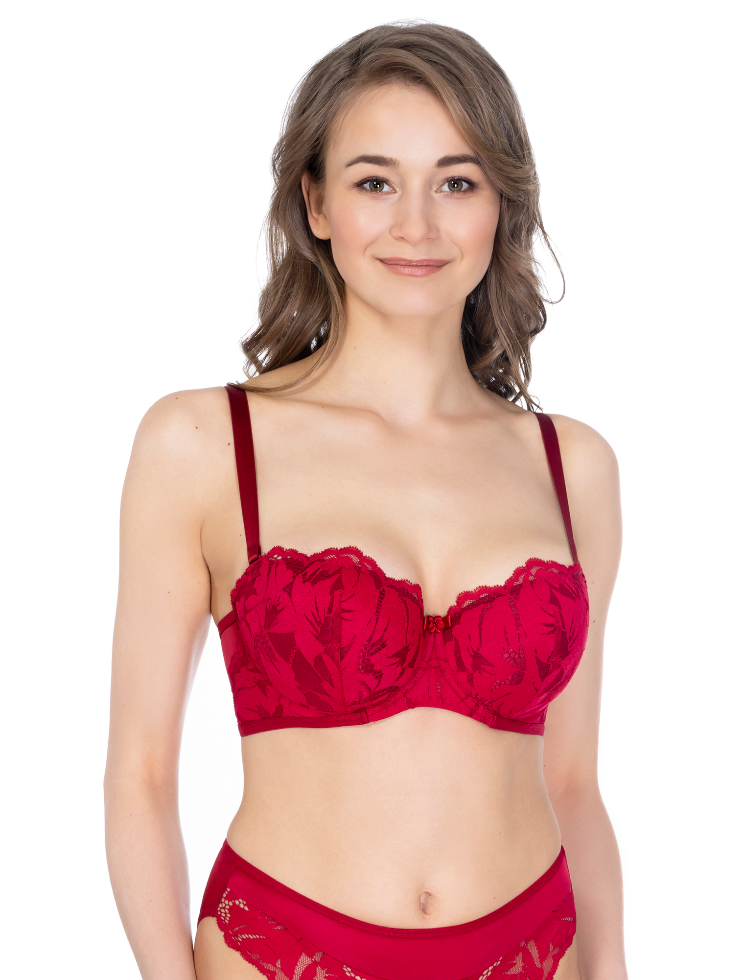 Lauma, Red Lace Balconette Bra, On Model Front, 24K30