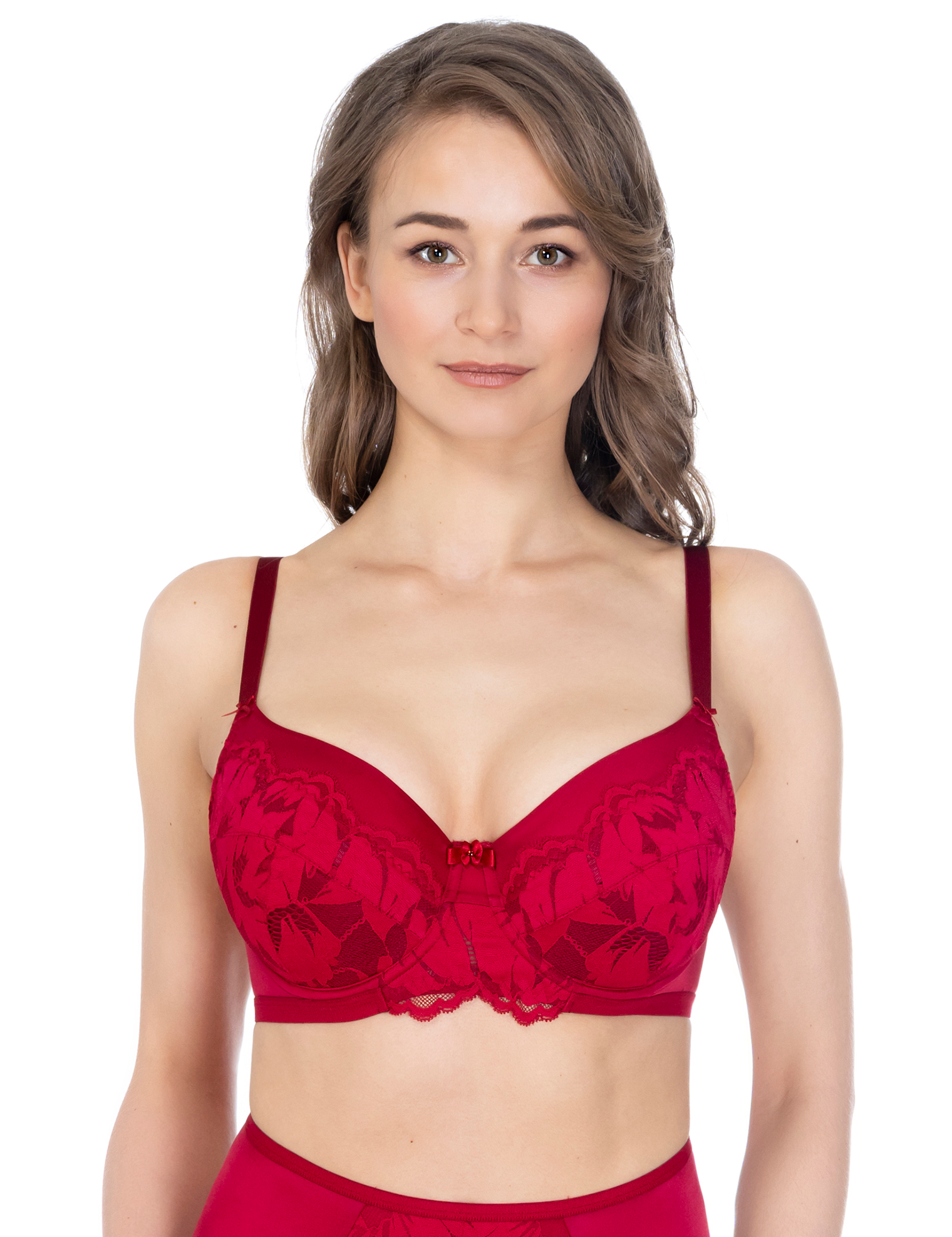 Lauma, Red Lace Half-padded Bra, On Model Front, 24K40