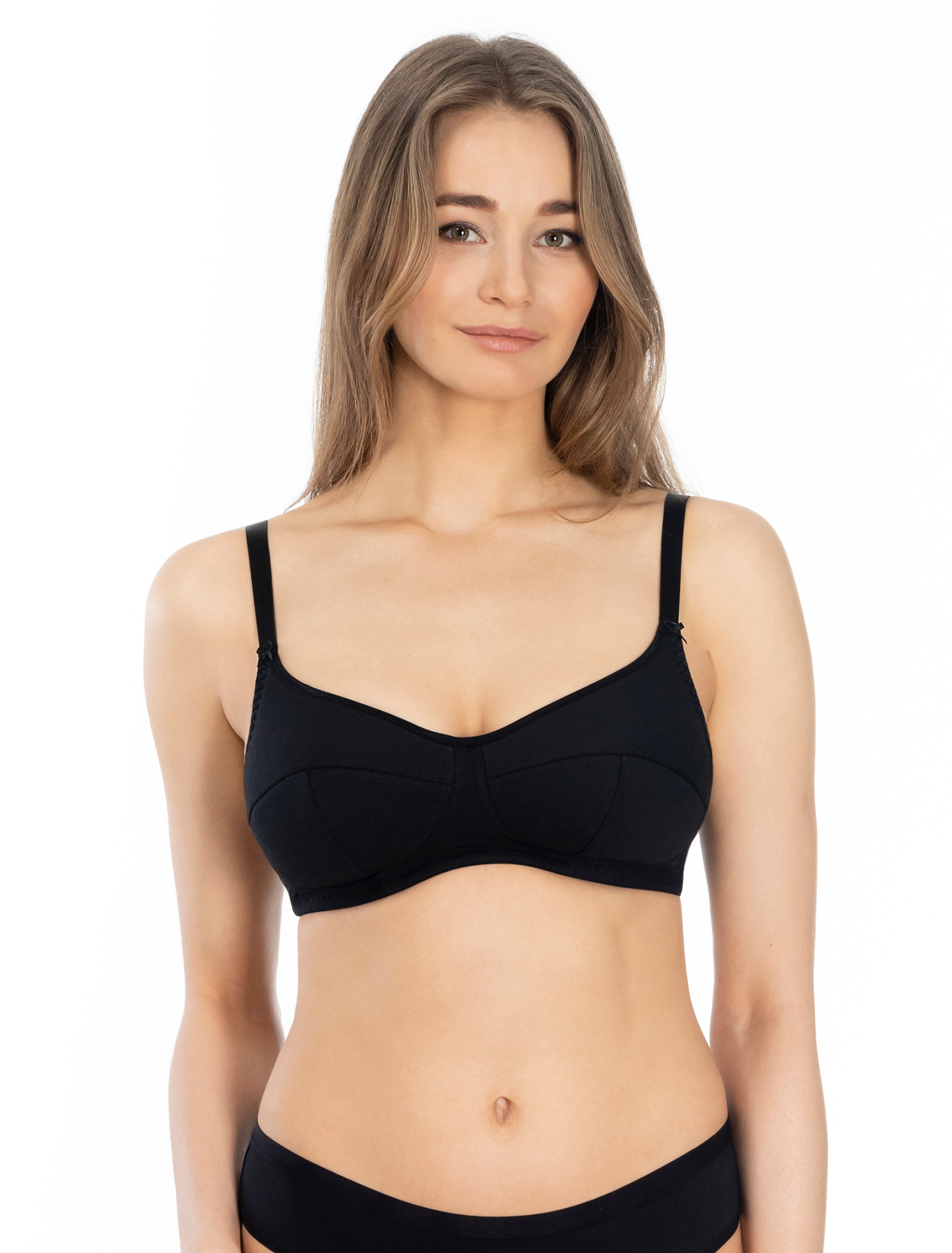 Lauma, Black Wireless Padded Cotton Bra, On Model Front, 38C40