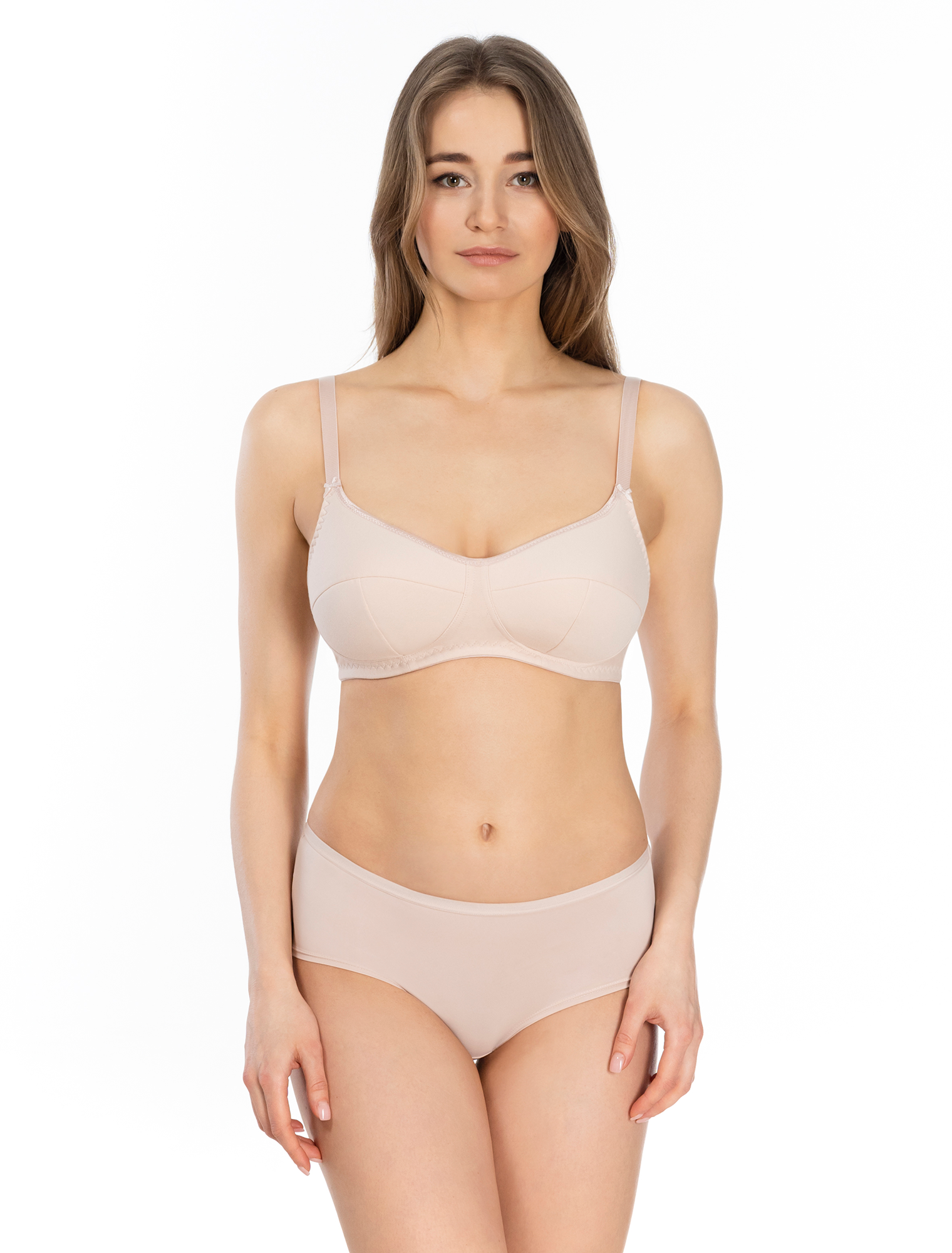 Lauma, Beige Wireless Padded Cotton Bra, On Model Front, 38C40