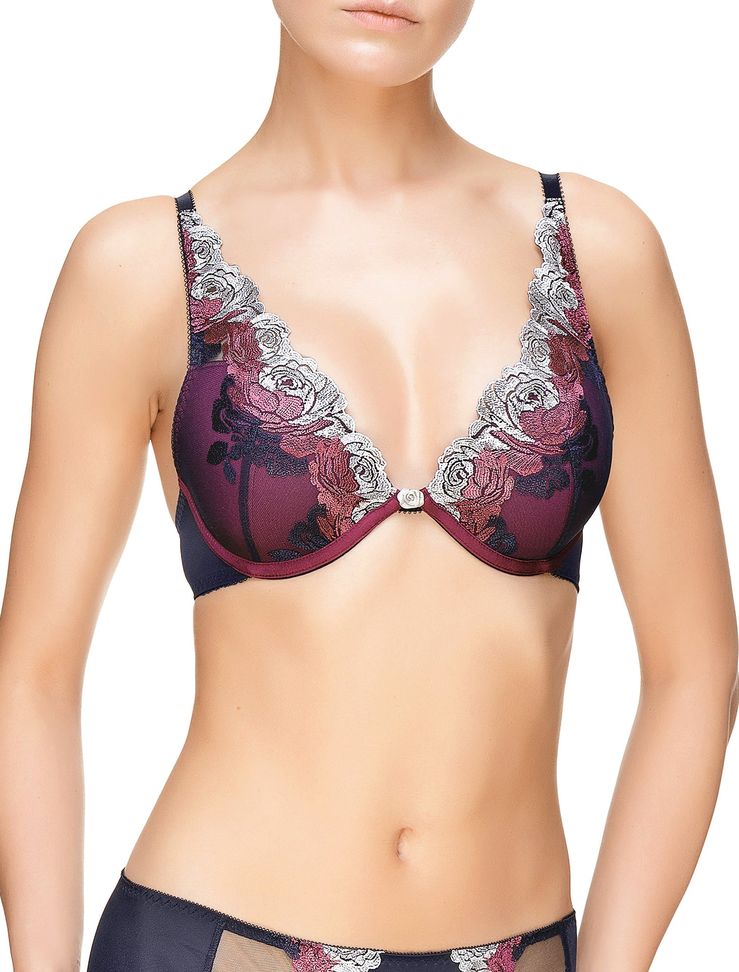Lauma, Blue Embroidery Plunge Push-up Bra, On Model Front, 53J35