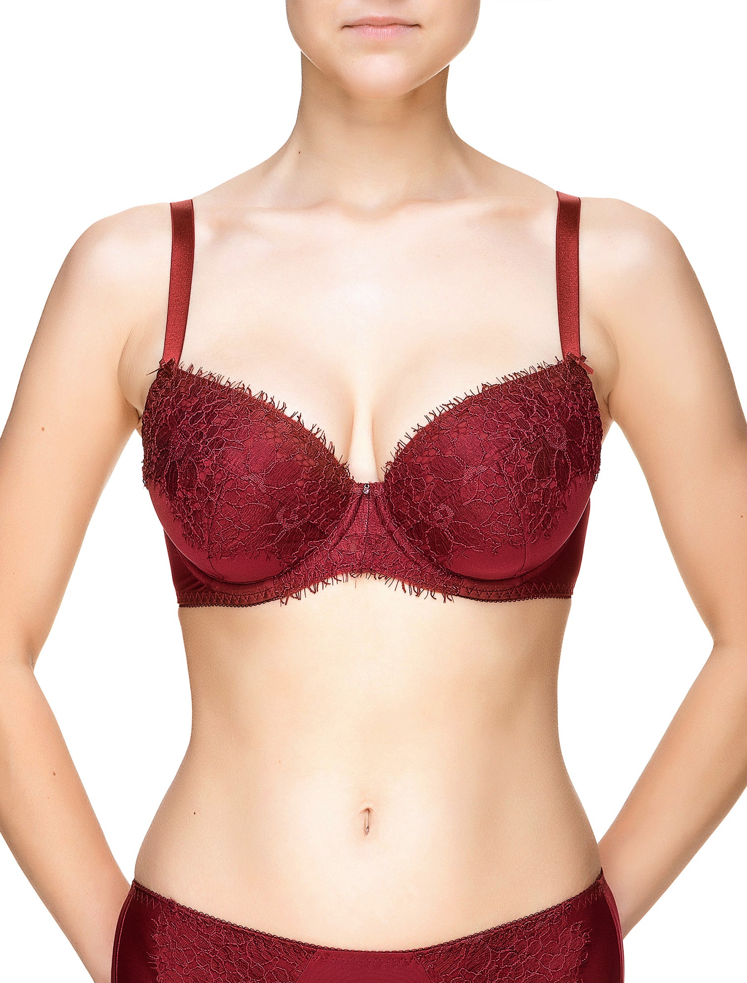Lauma, Dark Red Half-padded Lace Bra, On Model Front, 61J40