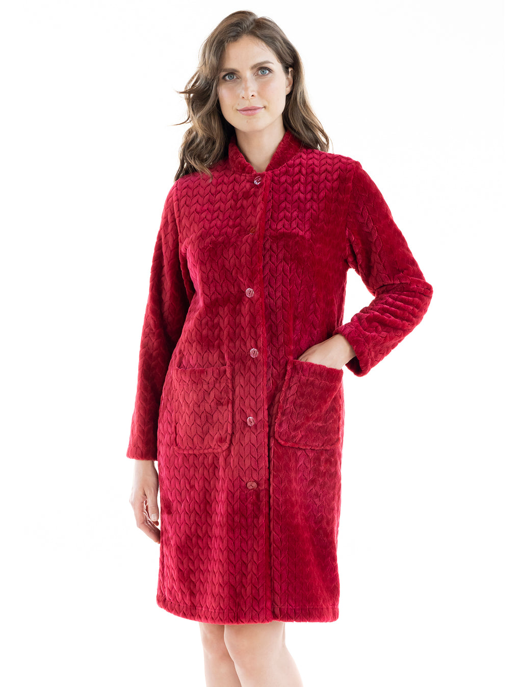 Lauma, Dark Red Warm Fleece Robe, On Model Front, 74D74