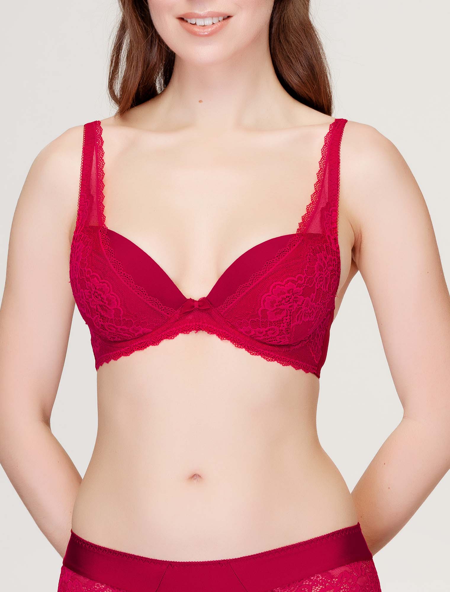 Lauma, Red Lace Plunge Push-up Bra, On Model Front, 74J10