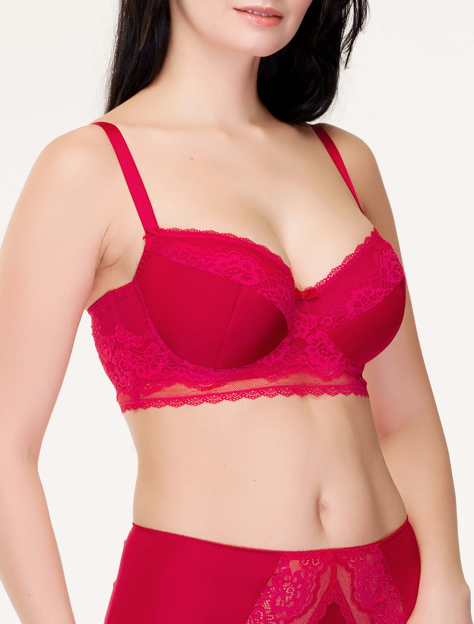 Lauma, Red Half-padded Lace Bustier Bra, On Model Front, 74J40