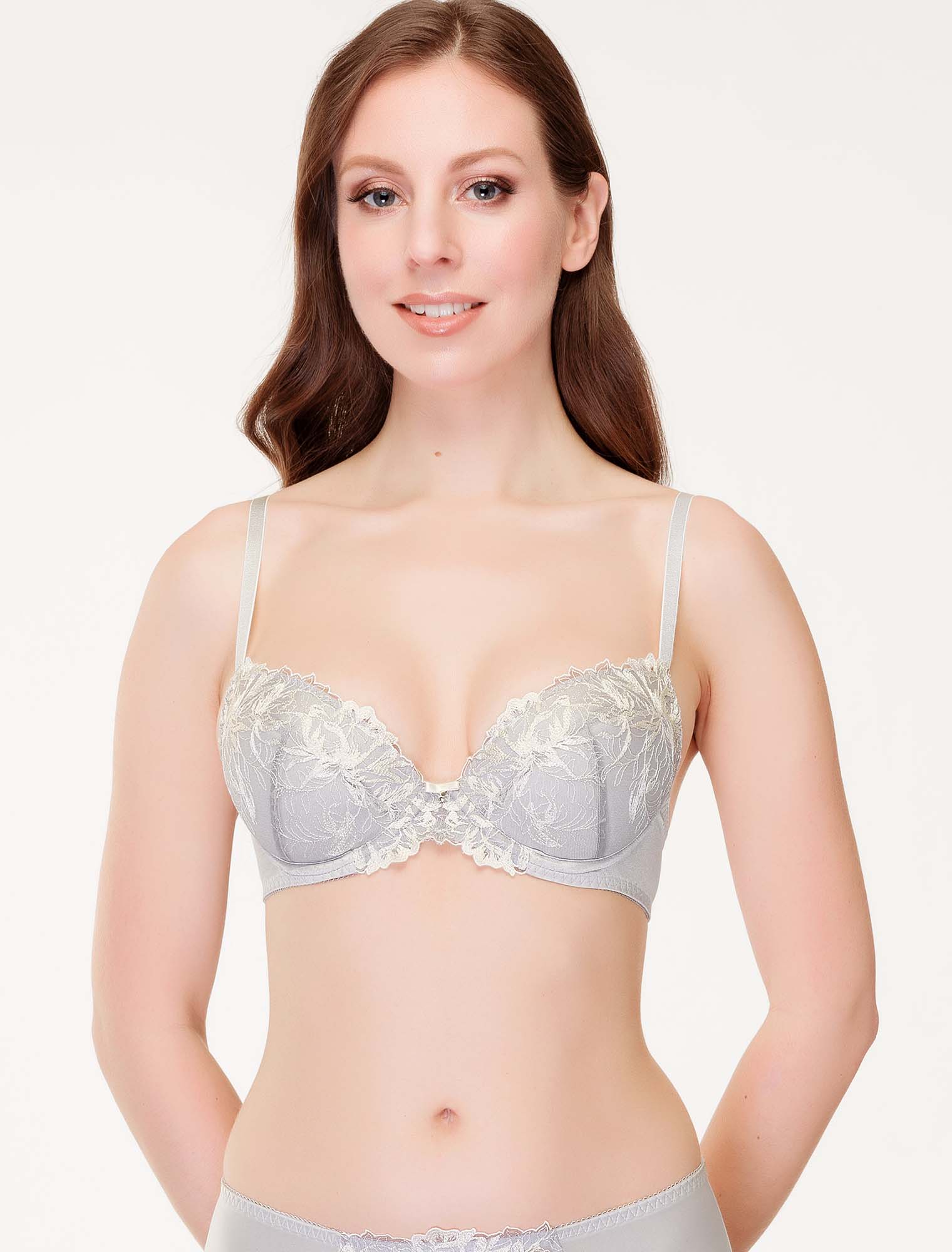 Lauma, Light Grey Embroiderd Lace Push-up Bra, On Model Front, 84J10