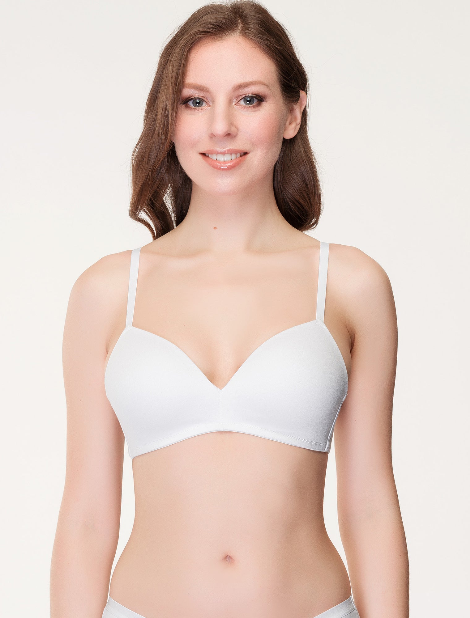 Lauma, White Wireless Molded Padded Cotton Bra, On Model Front, 98J32