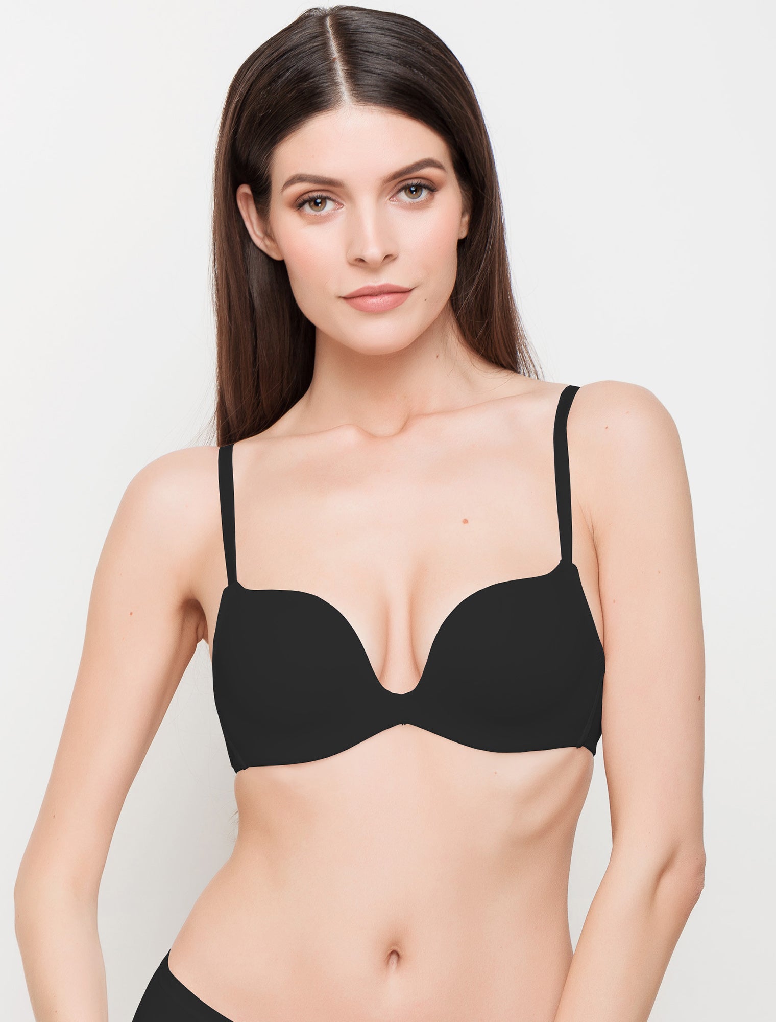 Lauma, Black Wireless Plunge Push-up Bra, On Model Front, 99J30