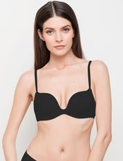 Lauma, Black Wireless Plunge Push-up Bra, On Model Front, 99J30