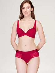 Lauma, Red Lace Plunge Push-up Bra, On Model Front, 74J10