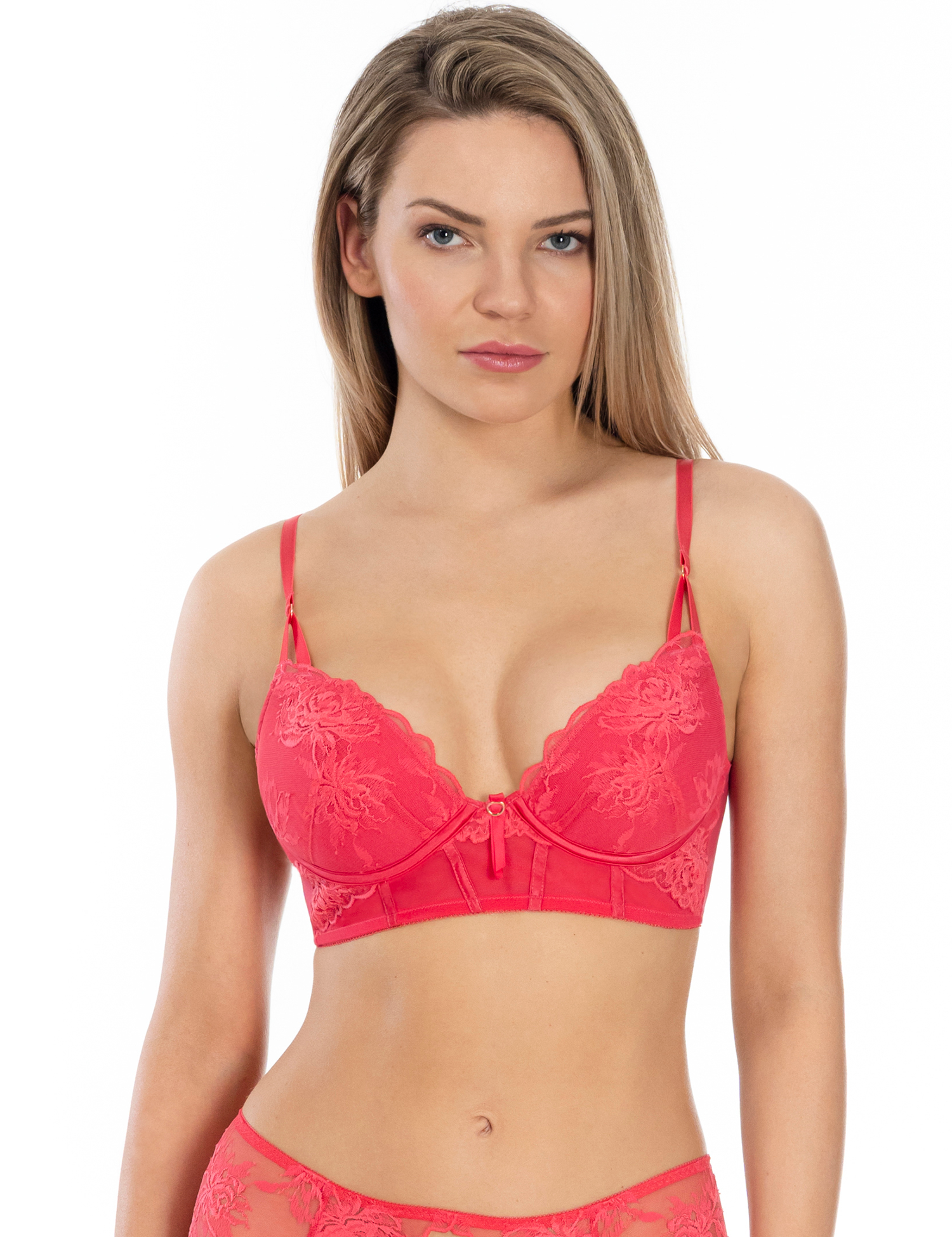 Lauma, Pink Lace Push-up Bustier Bra, On Model Front, 02L10