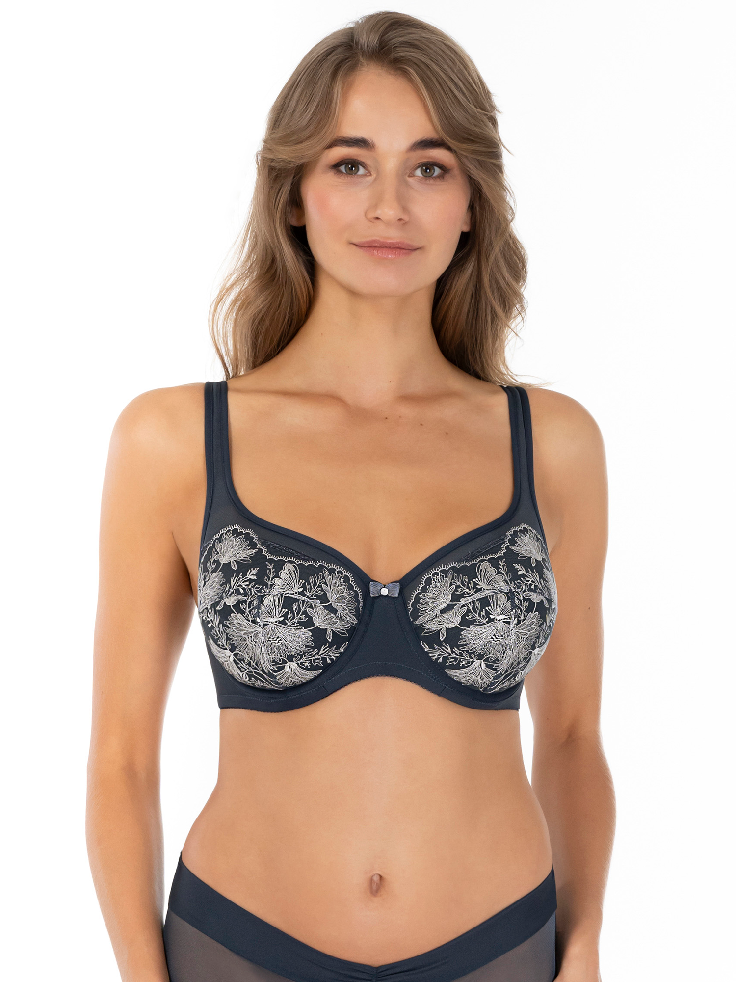 Lauma Lingerie, Dark Blue Bra, With Lace, On Model Front, 03L20