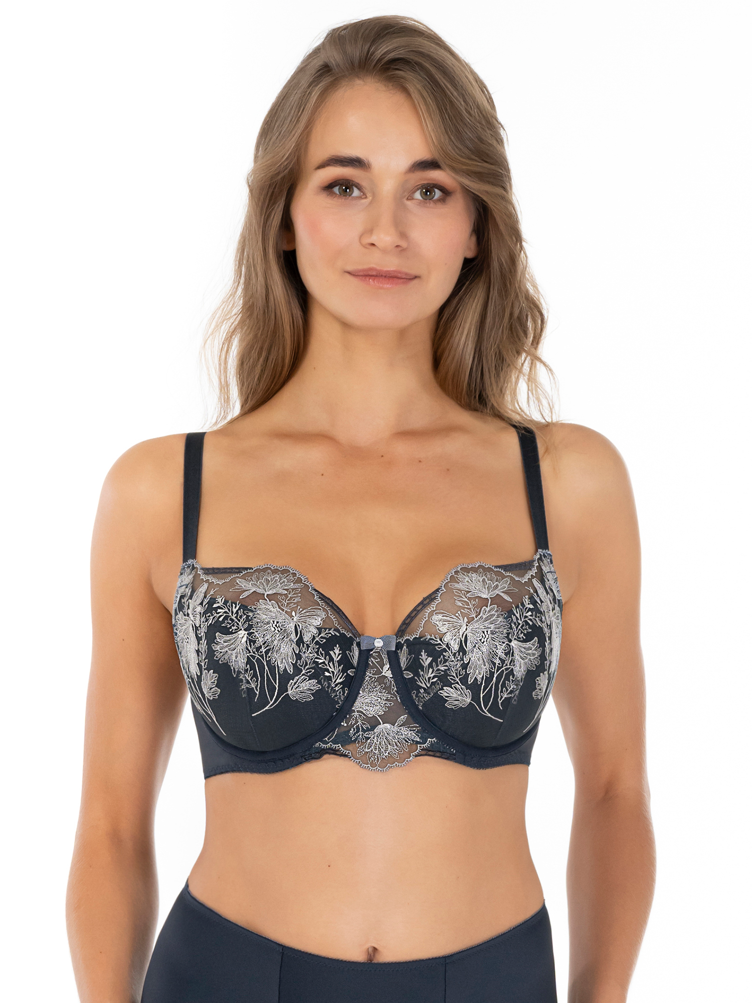 Lauma Lingerie, Dark Blue Bra, With Lace, On Model Front, 03L40