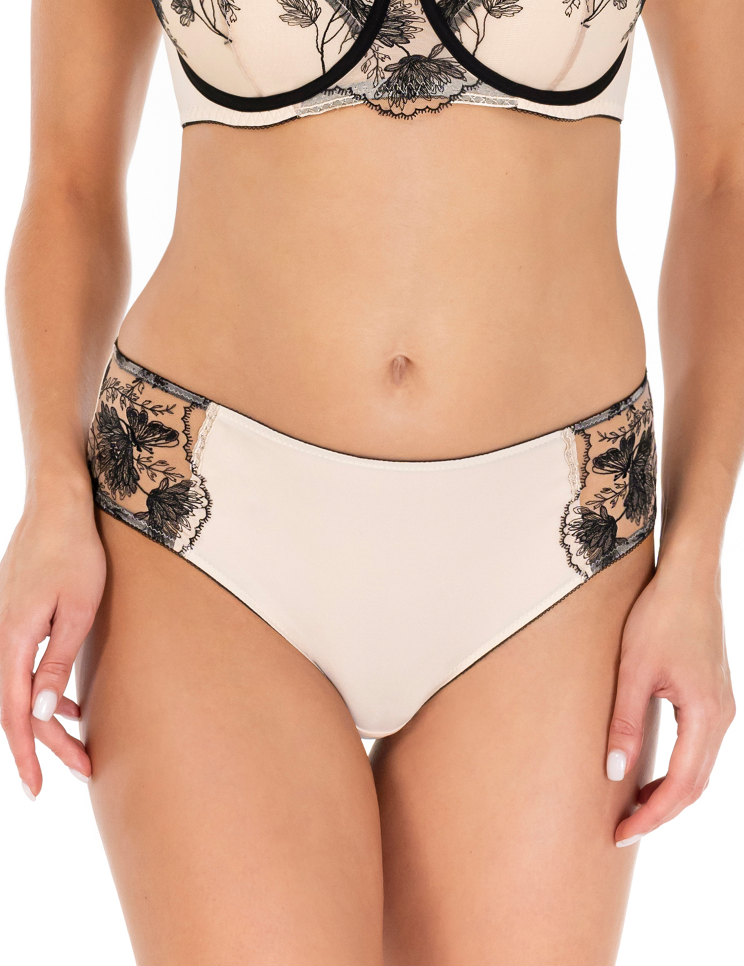 Lauma Lingerie, Ivory Midi Waist Panty, With Lace, On Model Front, 03L52