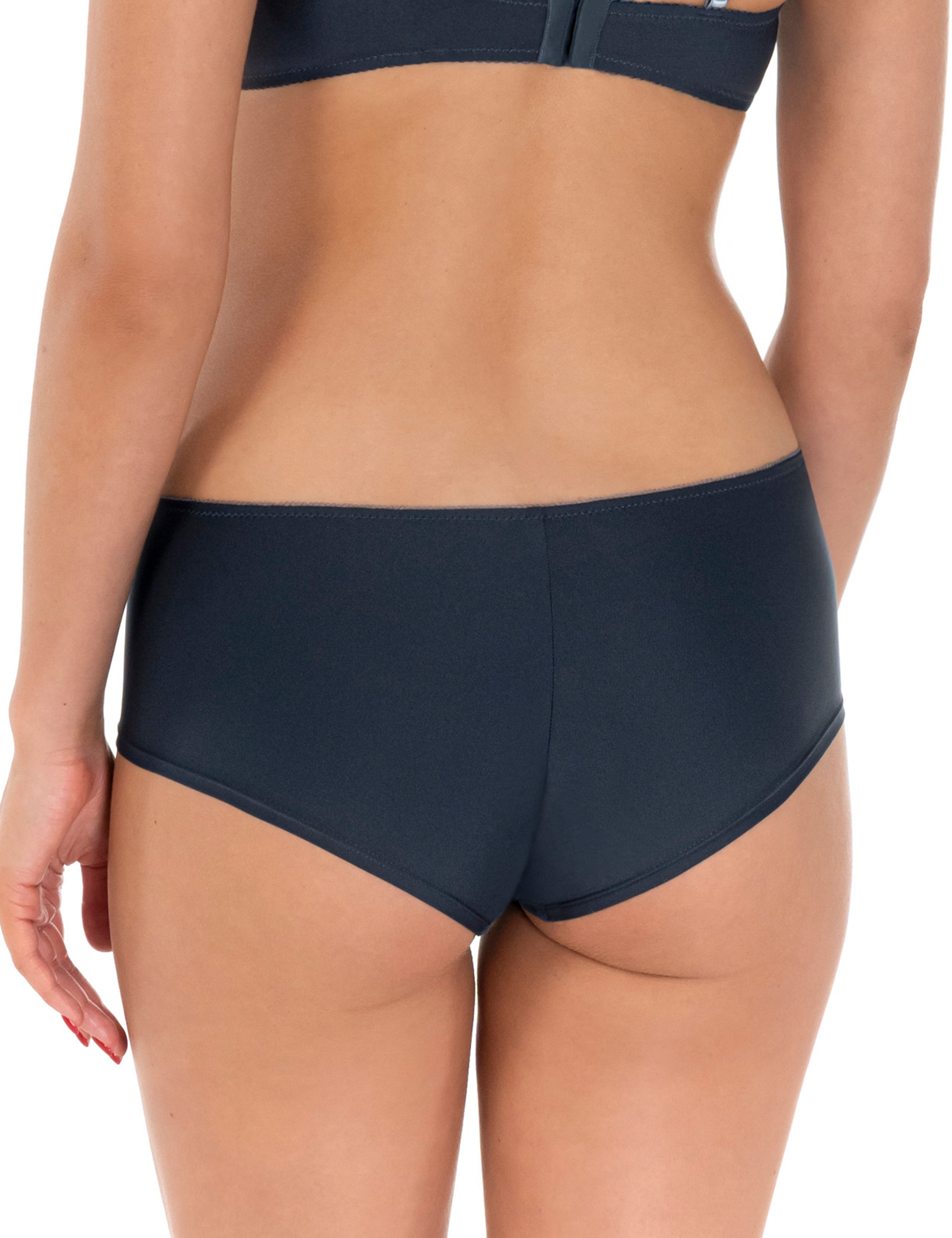 Lauma Lingerie, Dark Blue Midi Waist Shorts, With Lace, On Model Back, 03L70