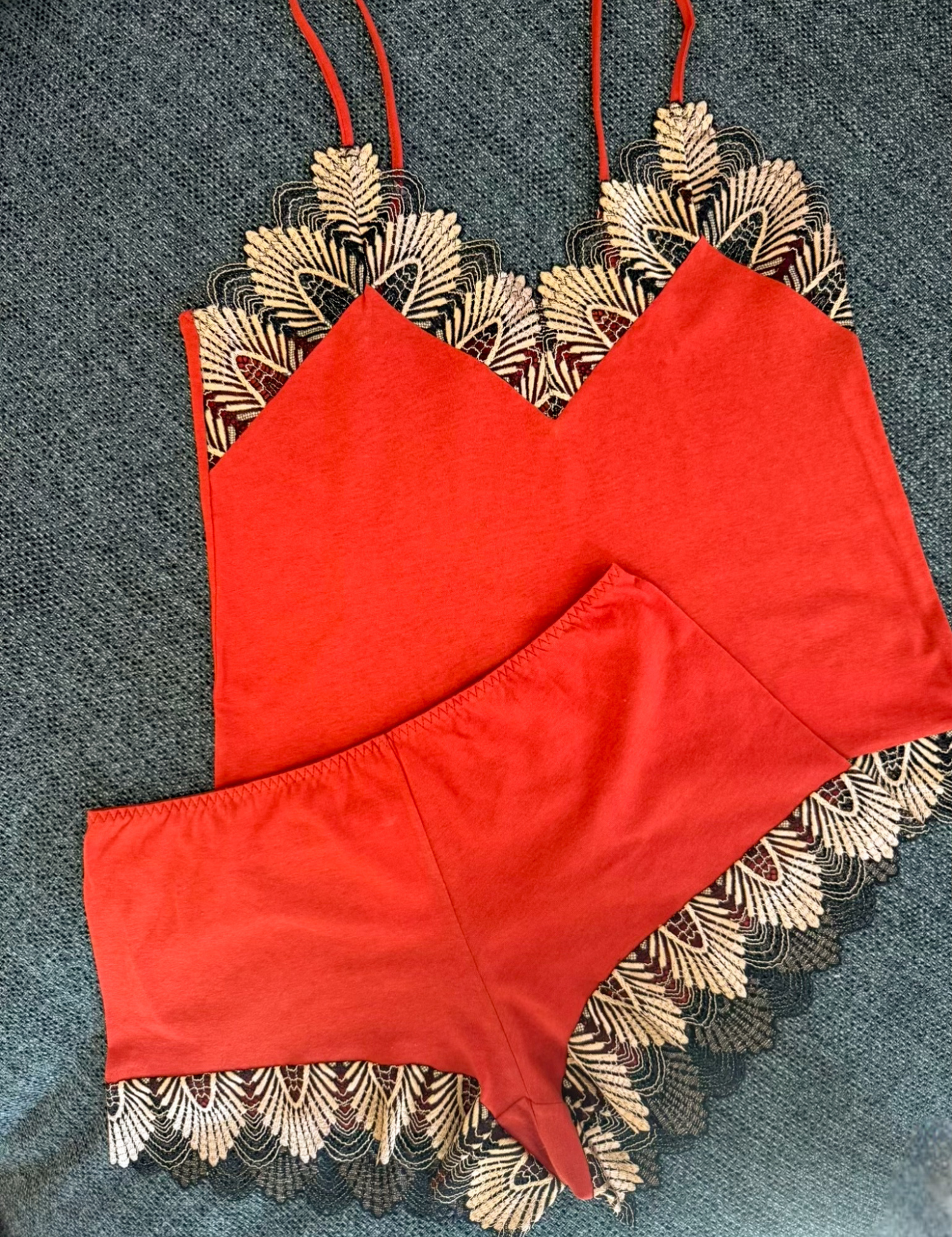 Lauma, Orange Cotton Pyjama Set With Lace, Front, 08N82 