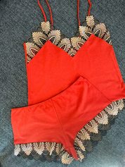 Lauma, Orange Cotton Pyjama Set With Lace, Front, 08N82 