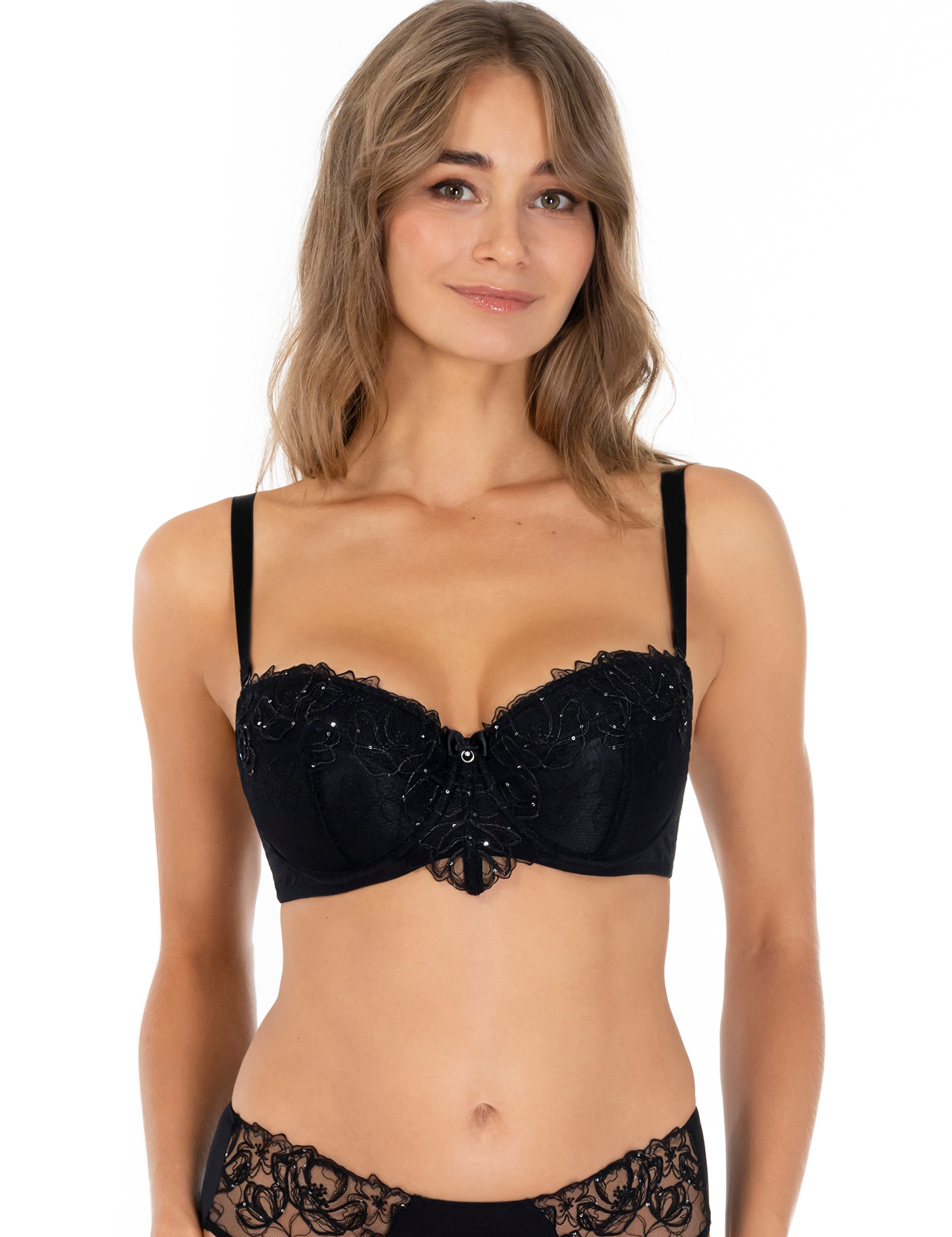 Lauma, Black Embroidered Lace Balconette Bra, On Model Front, 11L30