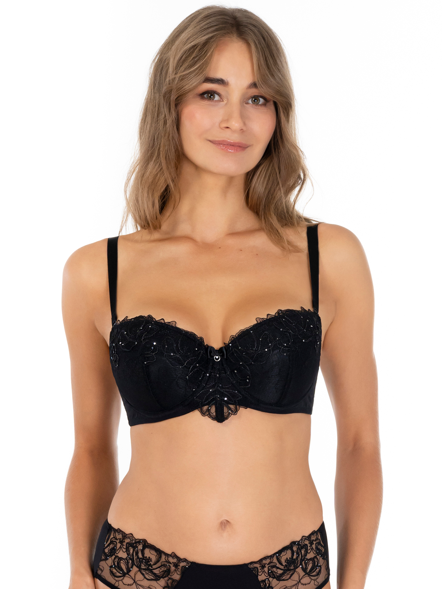 Lauma, Black Embroidered Lace Balconette Bra, On Model Front, 11L30