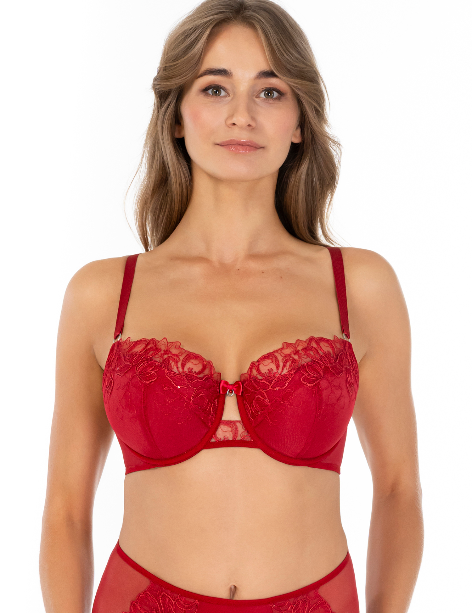 Lauma, Red Embroidered Lace Half-padded Bra, On Model Front, 11L40