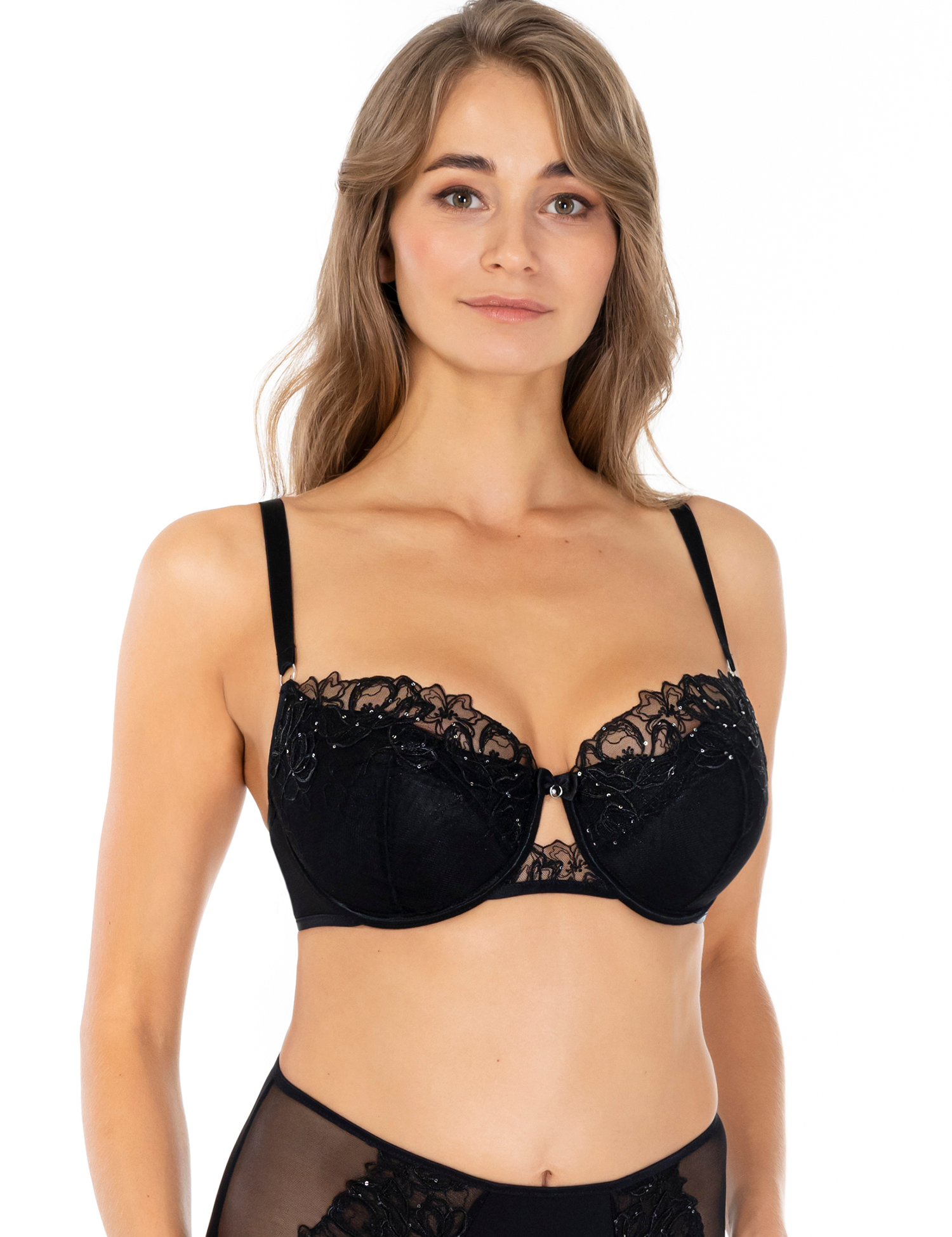 Lauma, Black Embroidered Lace Half-padded Bra, On Model Front, 11L40