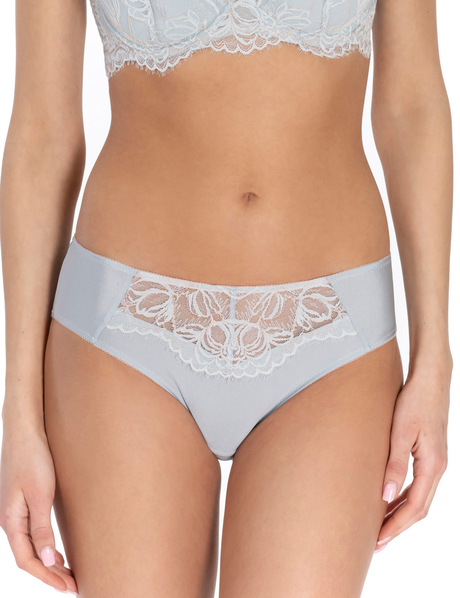 Lauma, Light Blue Mid Waist Panty With Lace, On Model Front, 22L52