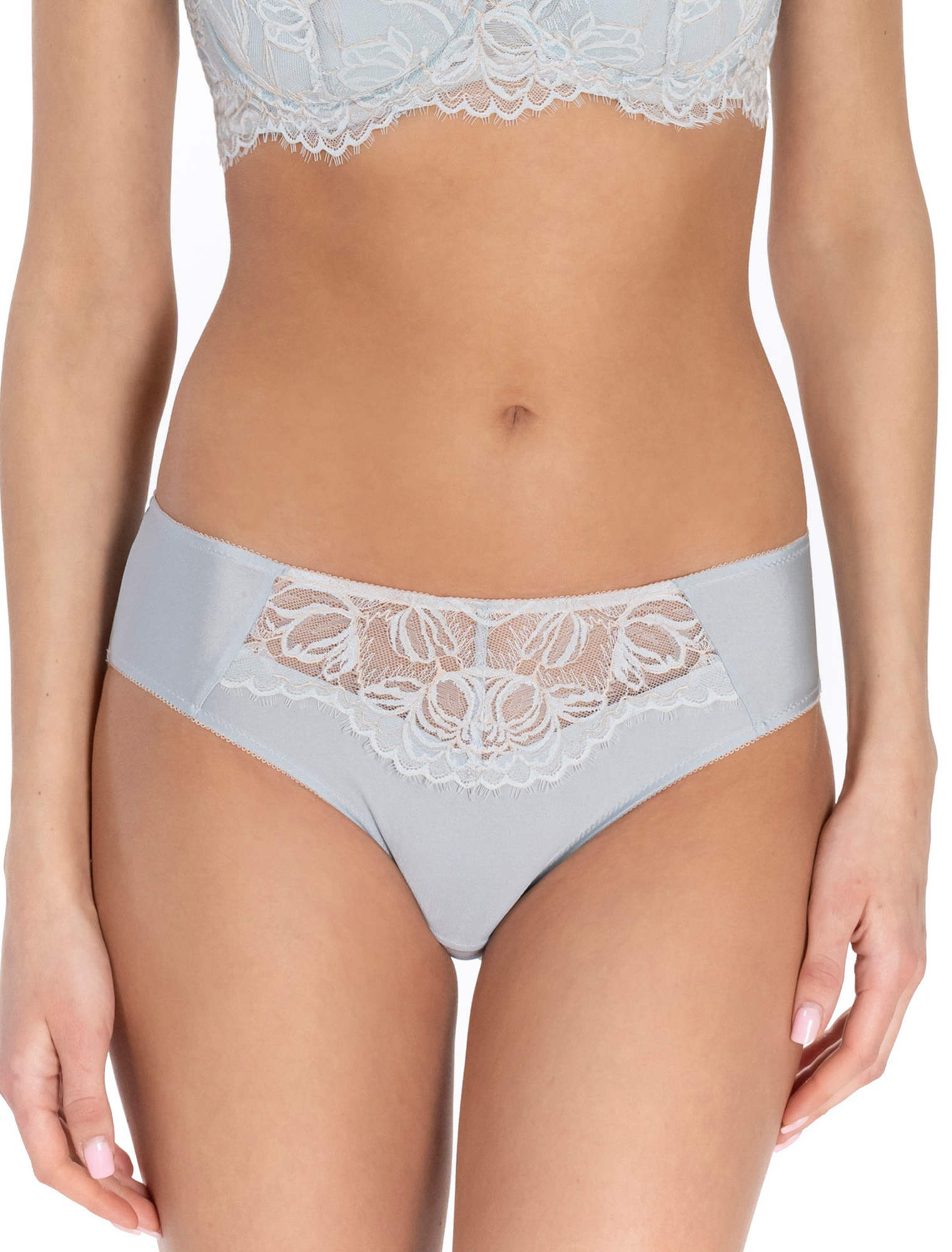 Lauma, Light Blue Mid Waist Panty With Lace, On Model Front, 22L52