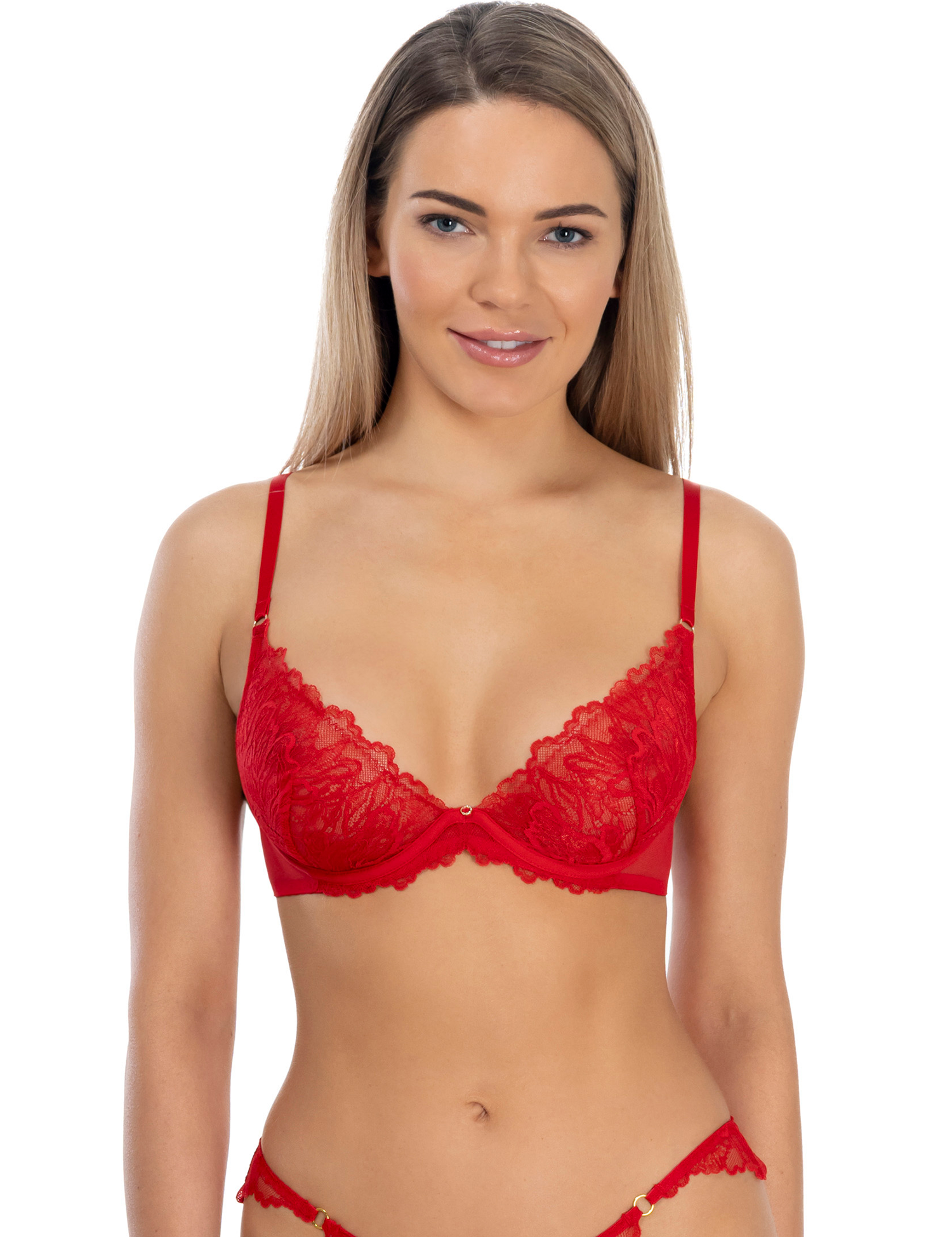 Lauma, Red Underwired Non-padded Lace Bra, On Model Front, 38L22