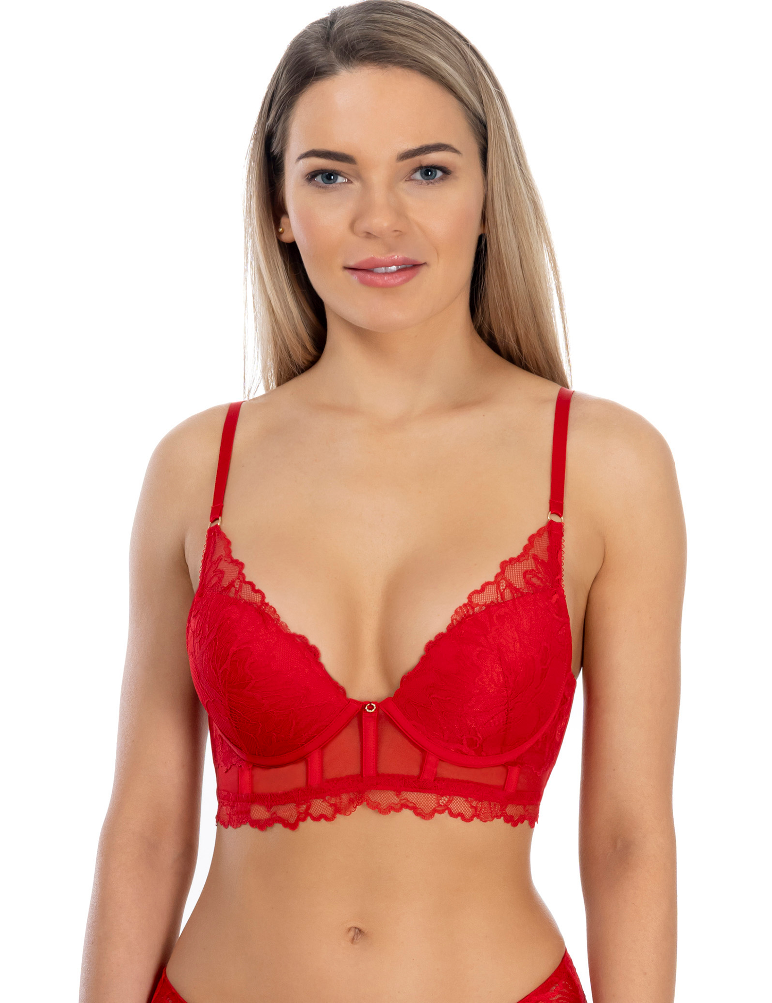 Lauma, Red Underwired Lace Push-up Bustier Bra, On Model Front, 38L35