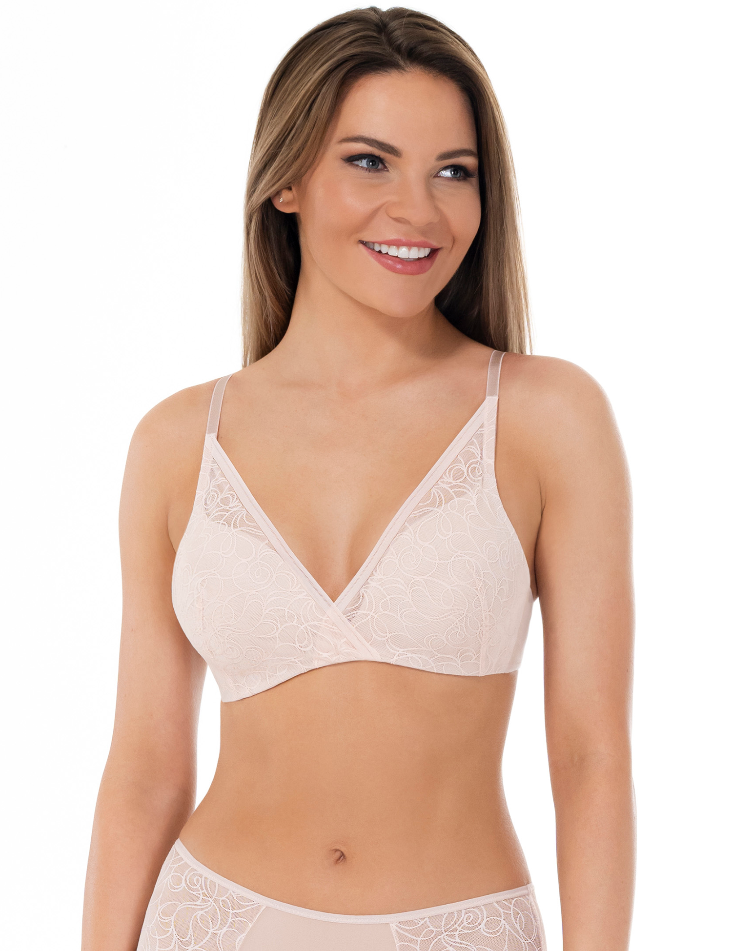 Lauma, Beige Wireless Lace Bra, On Model Front, 43L35