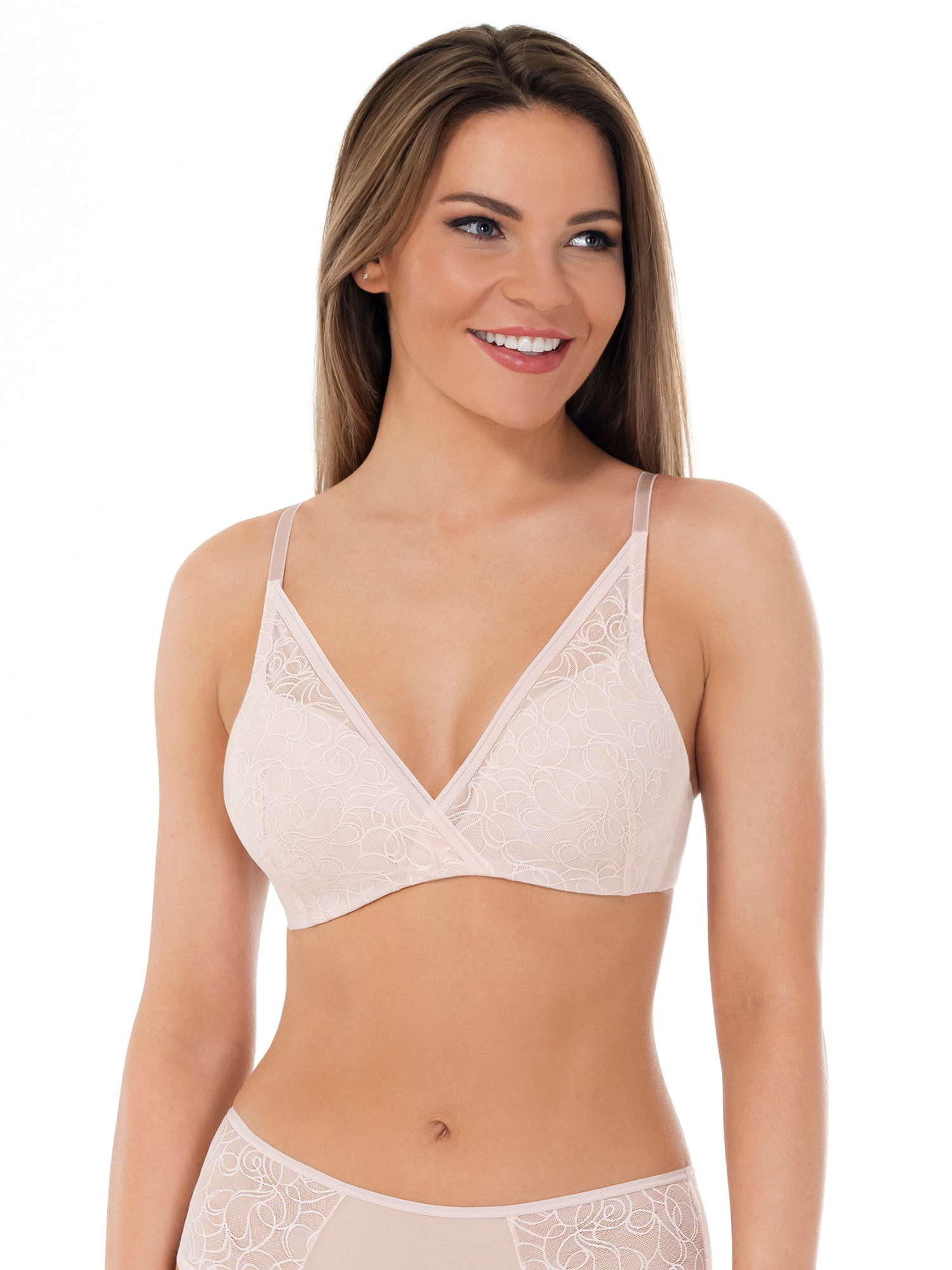 Lauma, Beige Wireless Lace Bra, On Model Front, 43L35