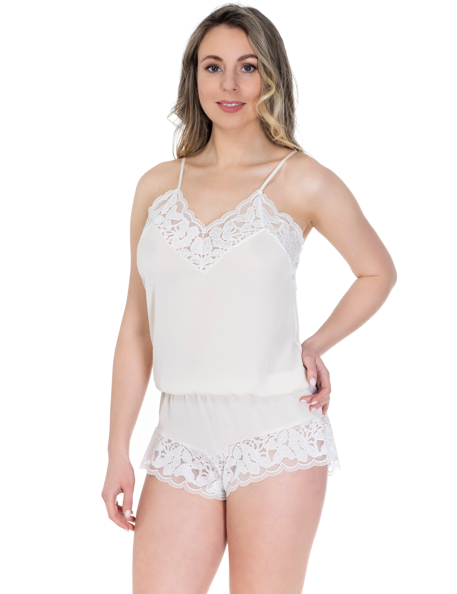 Lauma, Whisper White Crepe Chiffon And Lace Playsuit, On Model Front, 44K80